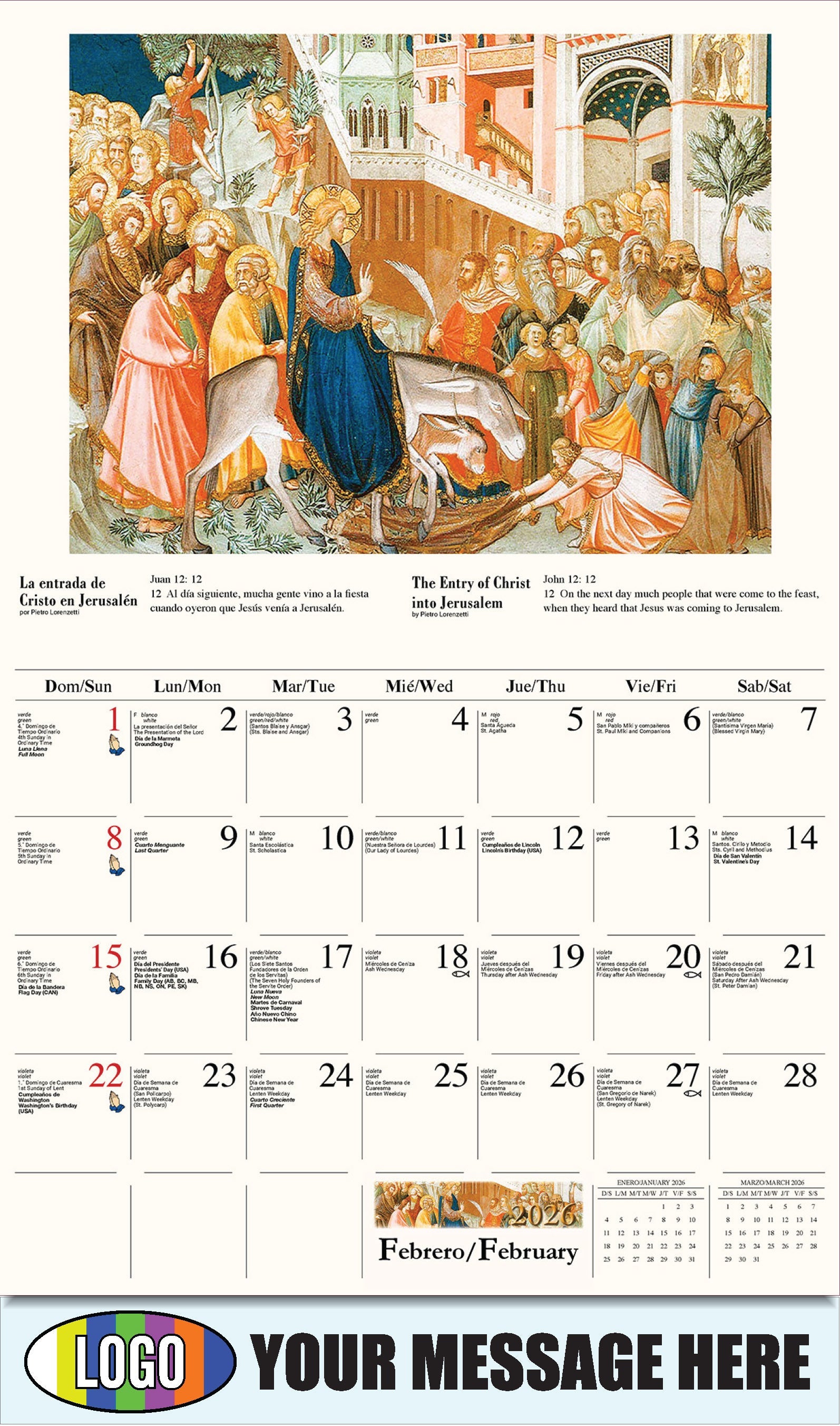 2026 Business Promotional Calendar - Catholic Inspirations bilingual - La entrada de Cristo en Jerusalén de Pietro Lorenzetti
The Entry of Christ into Jerusalem by Pietro Lorenzetti - February