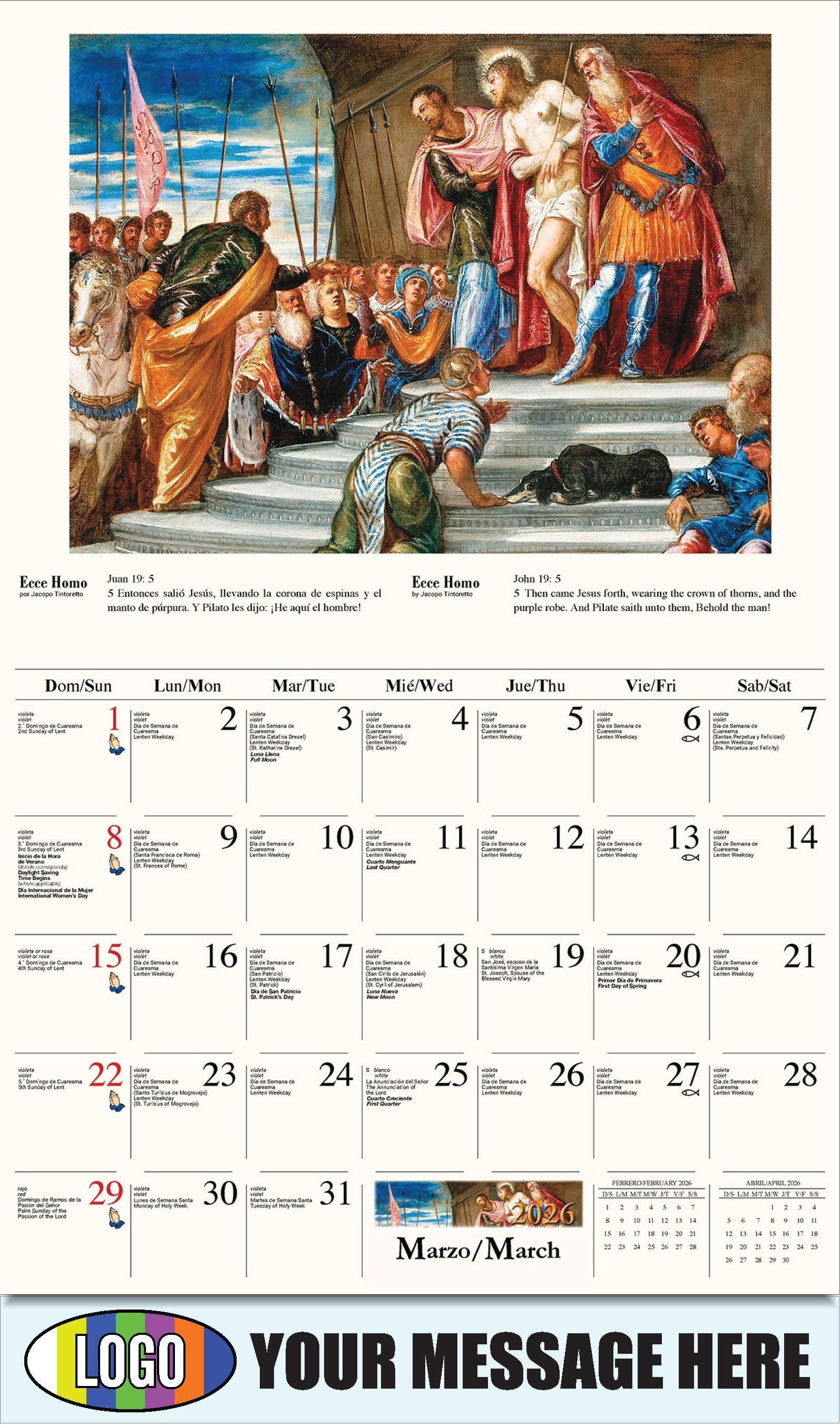 2026 Business Promotional Calendar - Catholic Inspirations bilingual - Ecce Homo de Jacopo Tintoretto
Ecce Homo by Jacopo Tintoretto - March