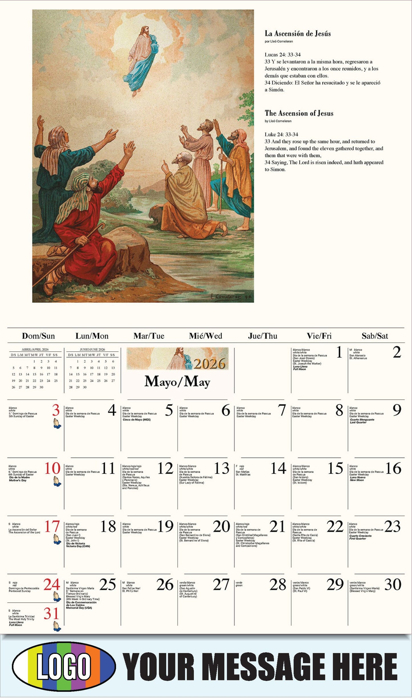 2026 Business Advertising Calendar - Catholic Inspirations bilingual - La Ascensión de Jesús de Lleó Comeleran
The Ascension of Jesus by Lleó Comeleran - May