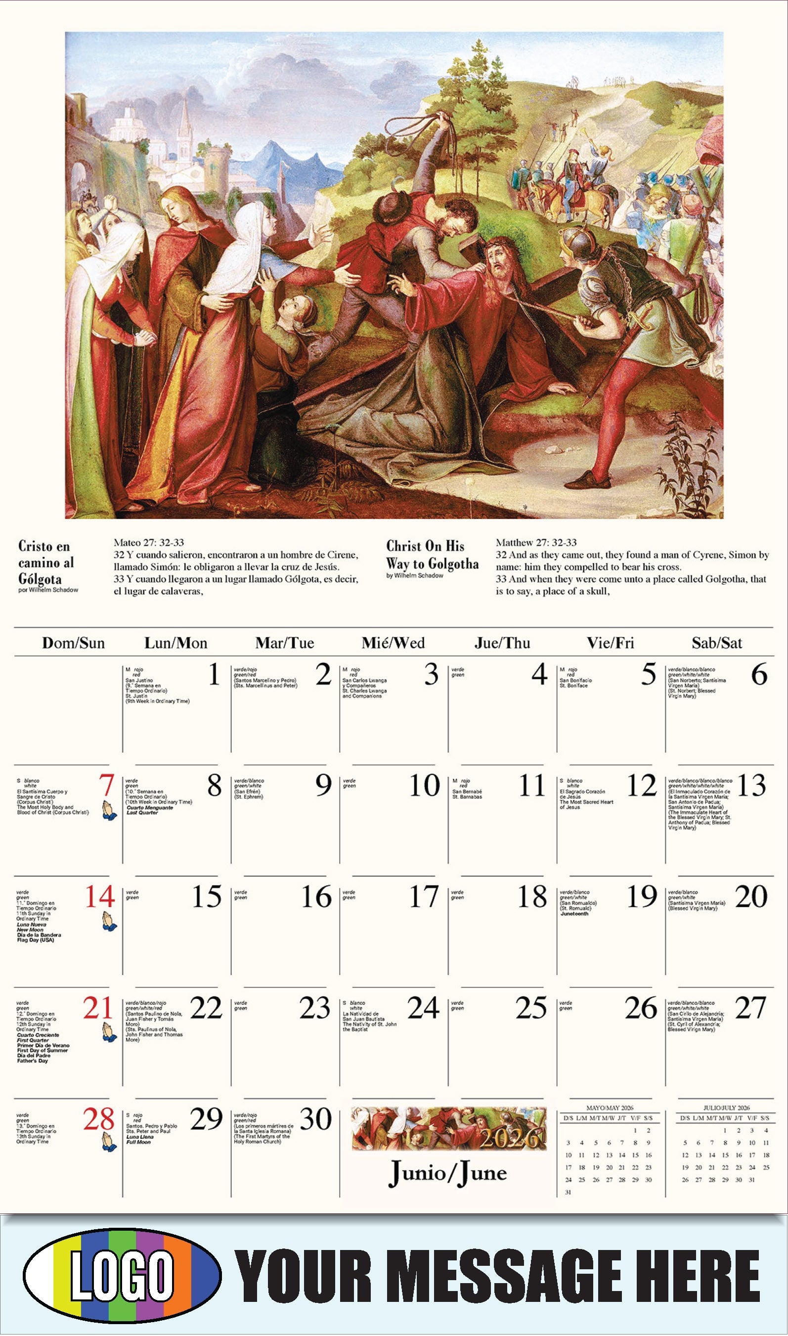 2026 Business Advertising Calendar - Catholic Inspirations bilingual - Cristo en camino al Gólgota, de Wilhelm Schadow
Christ On His Way to Golgotha by Wilhelm Schadow - June
