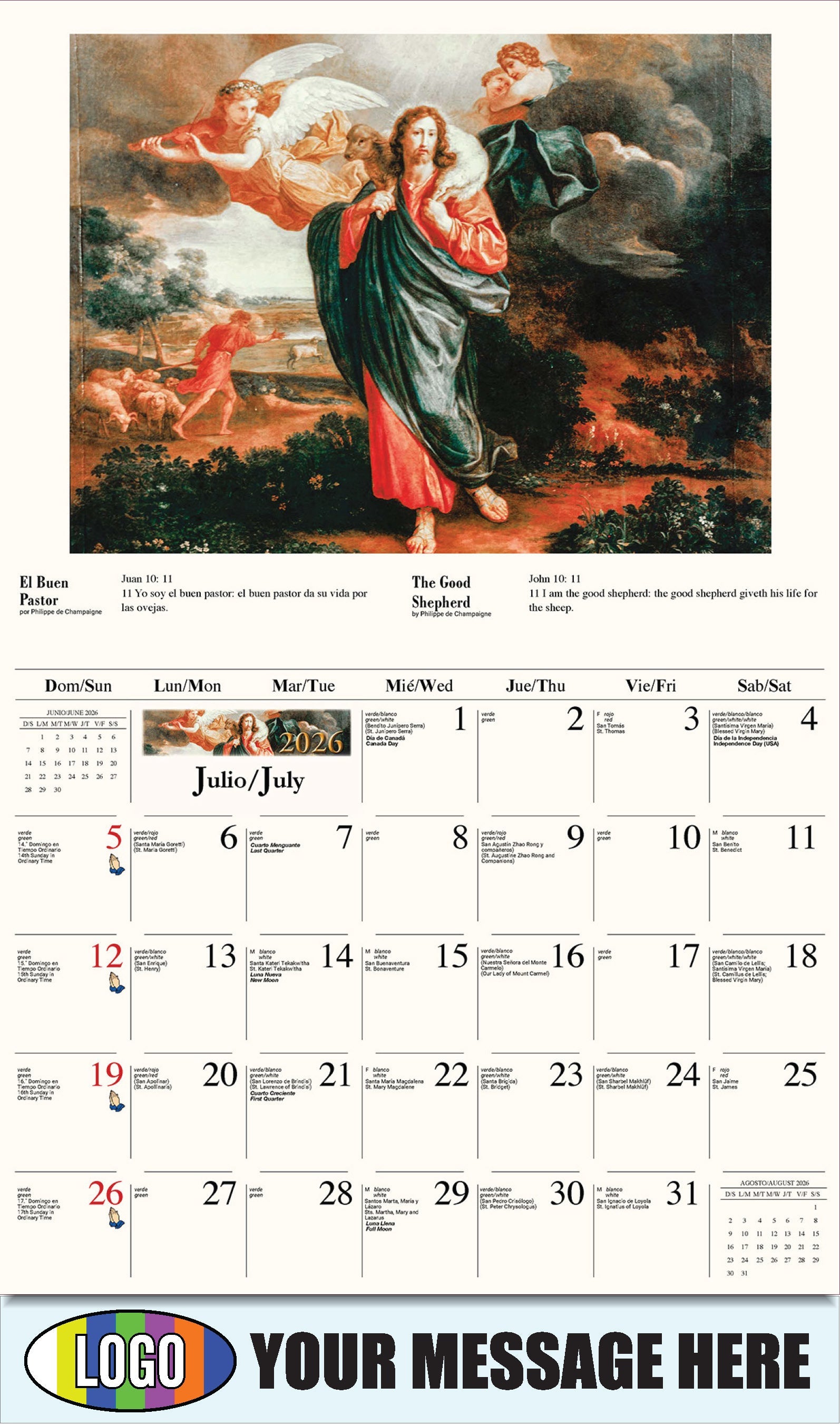 2026 Business Promo Calendar - Catholic Inspirations bilingual - El Buen Pastor de Philippe de Champaigne
The Good Shepherd by Philippe de Champaigne - July