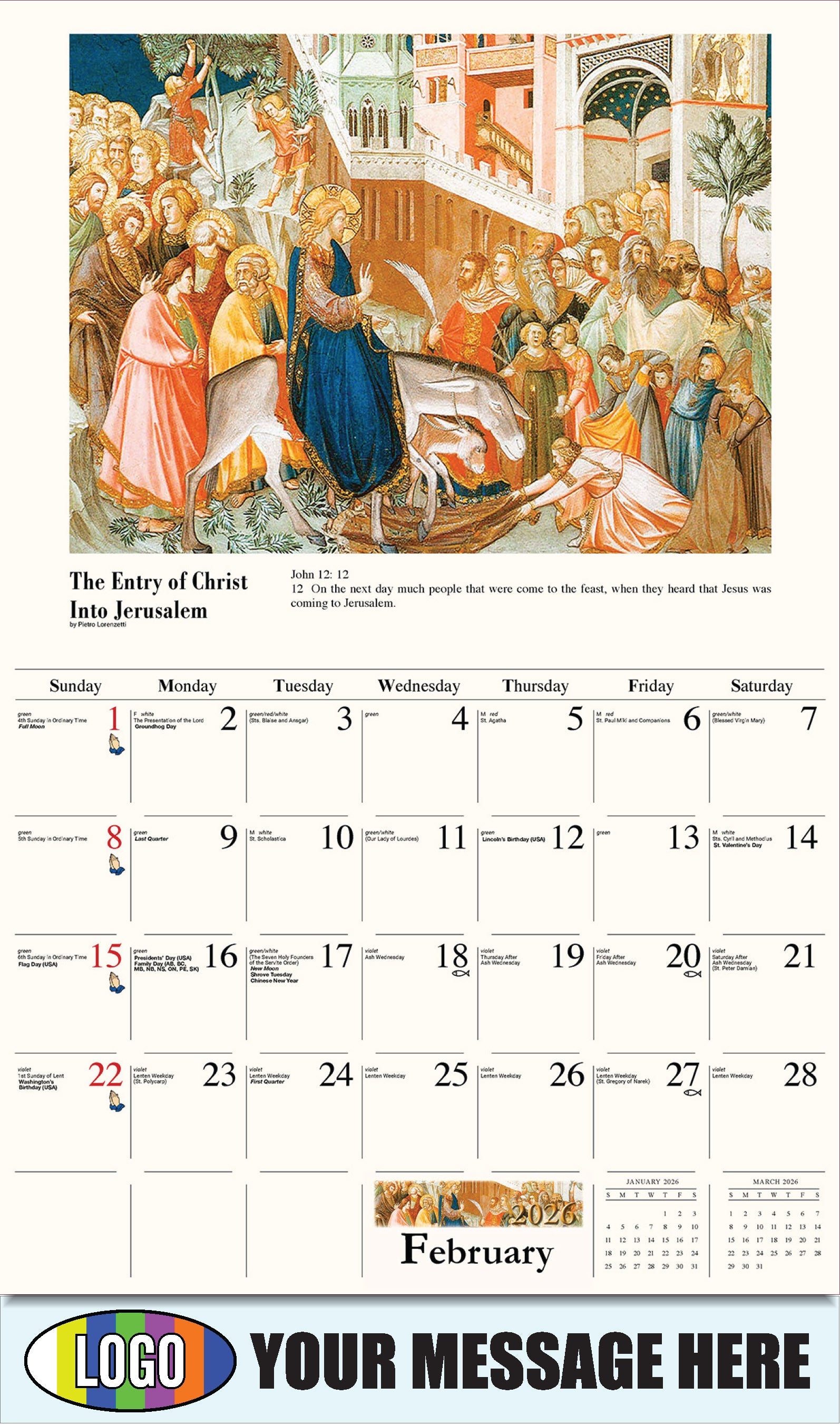 2026 Business Promotional Calendar - Catholic Inspirations - La entrada de Cristo en Jerusalén de Pietro Lorenzetti
The Entry of Christ into Jerusalem by Pietro Lorenzetti - February