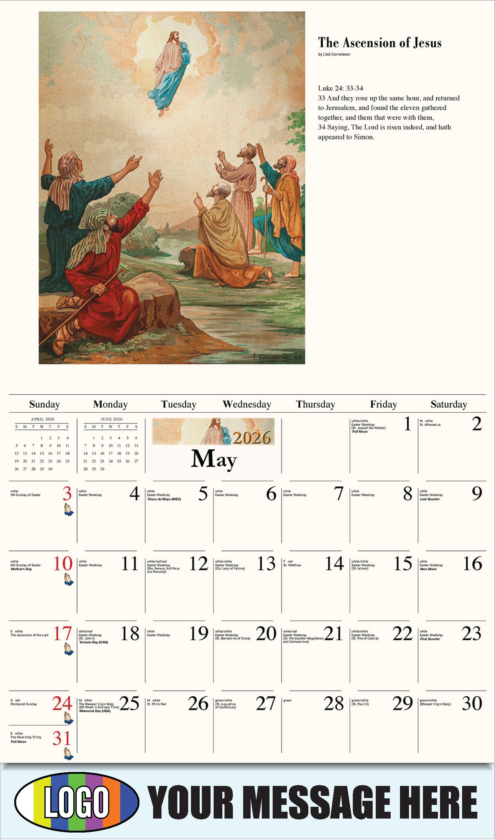 2026 Business Advertising Calendar - Catholic Inspirations - La Ascensión de Jesús de Lleó Comeleran
The Ascension of Jesus by Lleó Comeleran - May
