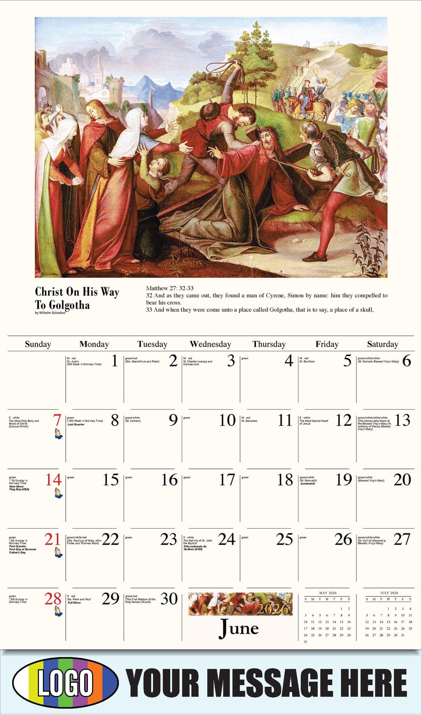2026 Business Advertising Calendar - Catholic Inspirations - Cristo en camino al Gólgota, de Wilhelm Schadow
Christ On His Way to Golgotha by Wilhelm Schadow - June