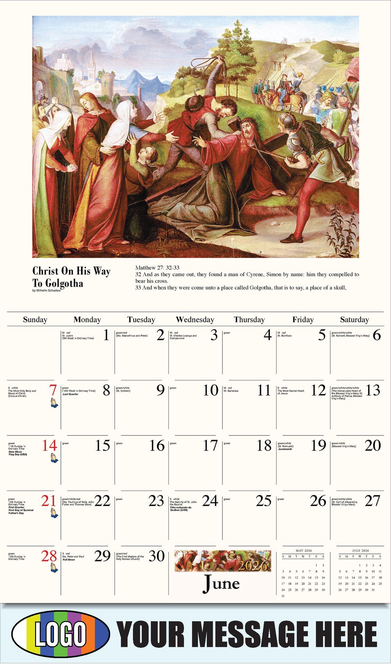 2026 Business Advertising Calendar - Catholic Inspirations - Cristo en camino al Gólgota, de Wilhelm Schadow
Christ On His Way to Golgotha by Wilhelm Schadow - June