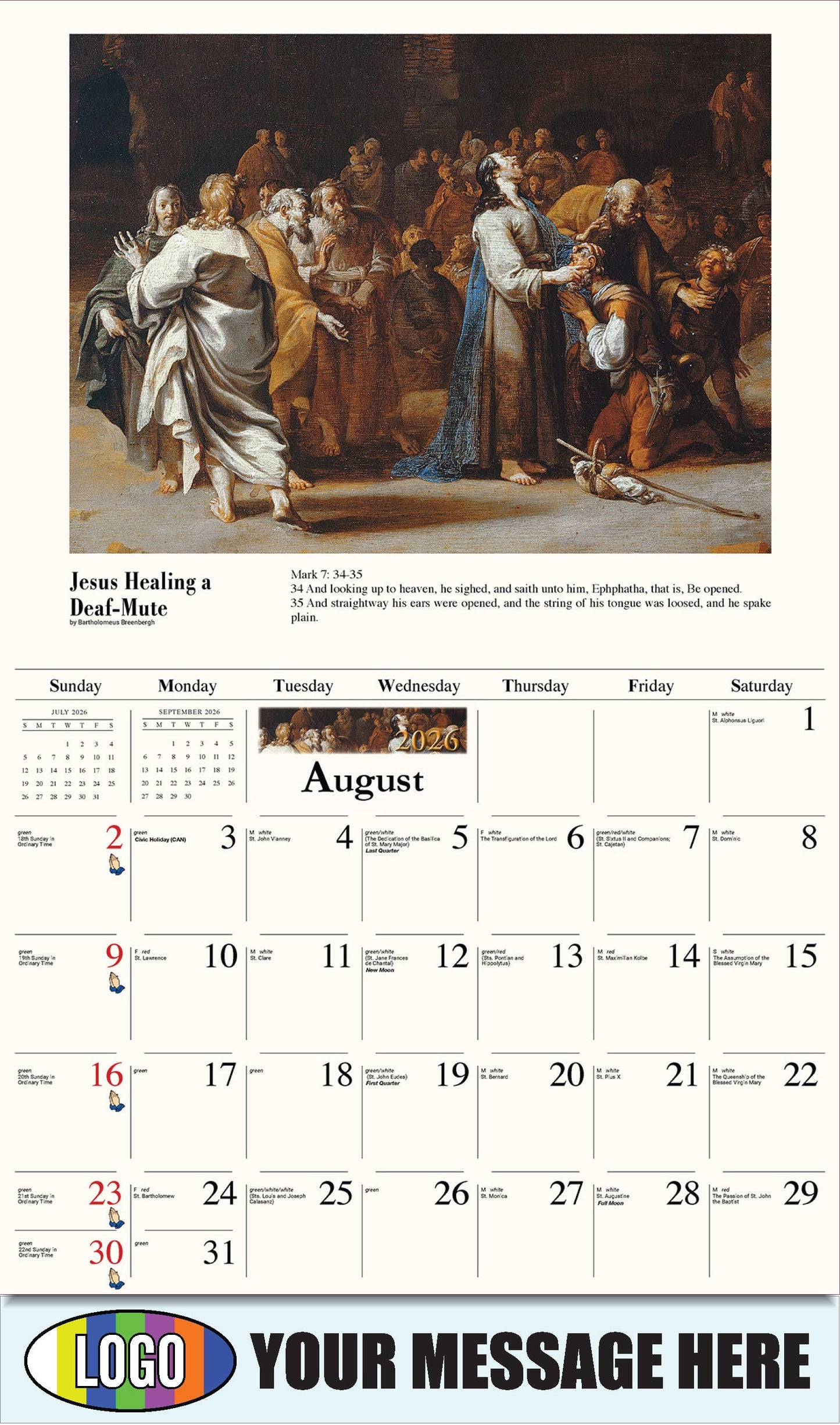 2026 Business Promo Calendar - Catholic Inspirations - Jesús sana a un sordomudo por Bartholomeus Breenbergh
Jesus Healing a Deaf-Mute by Bartholomeus Breenbergh - August