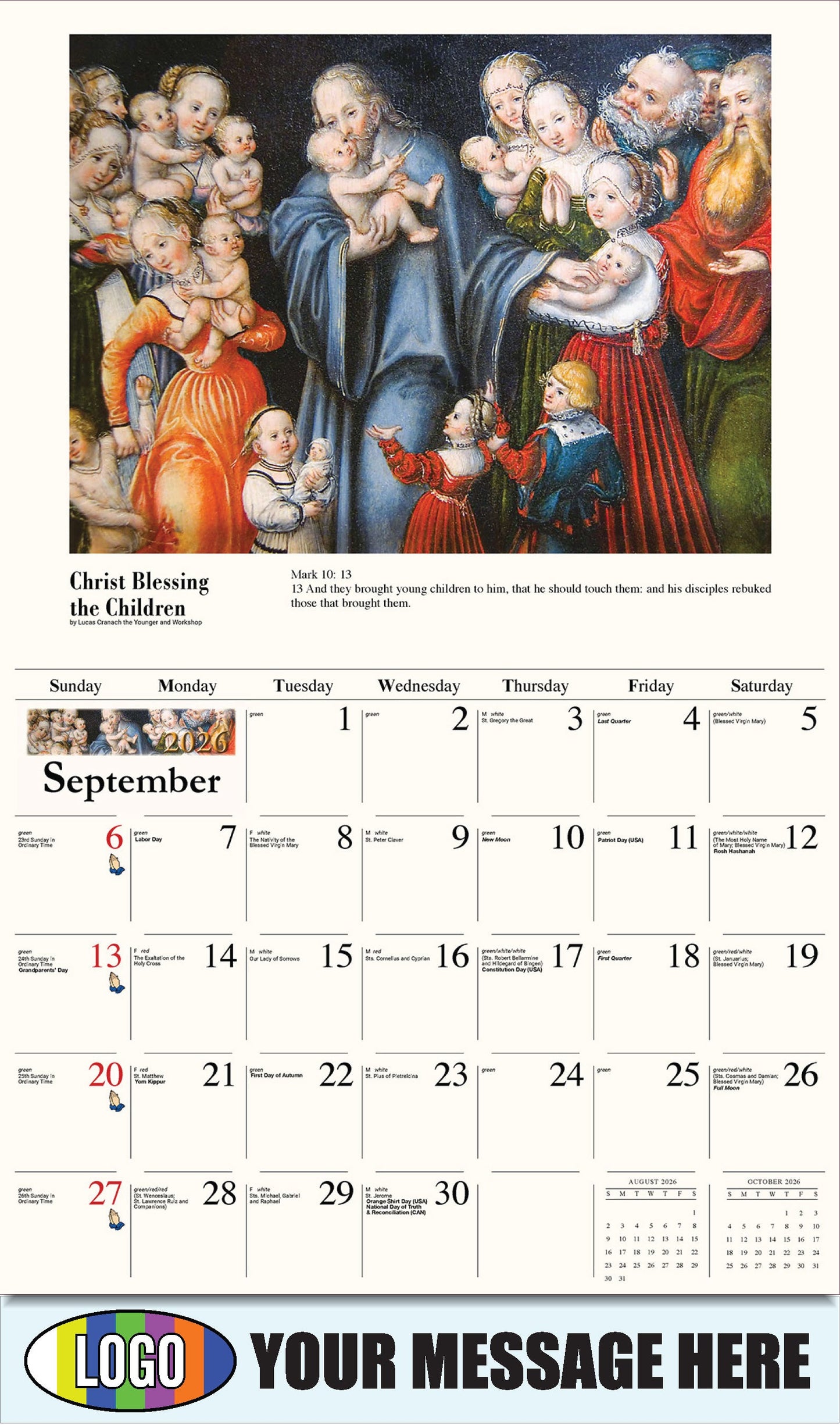 2026 Business Promo Calendar - Catholic Inspirations - Cristo bendiciendo a los niños de Lucas Cranach el Joven y Taller
Christ Blessing the Children by Lucas Cranach the Younger and Workshop - September