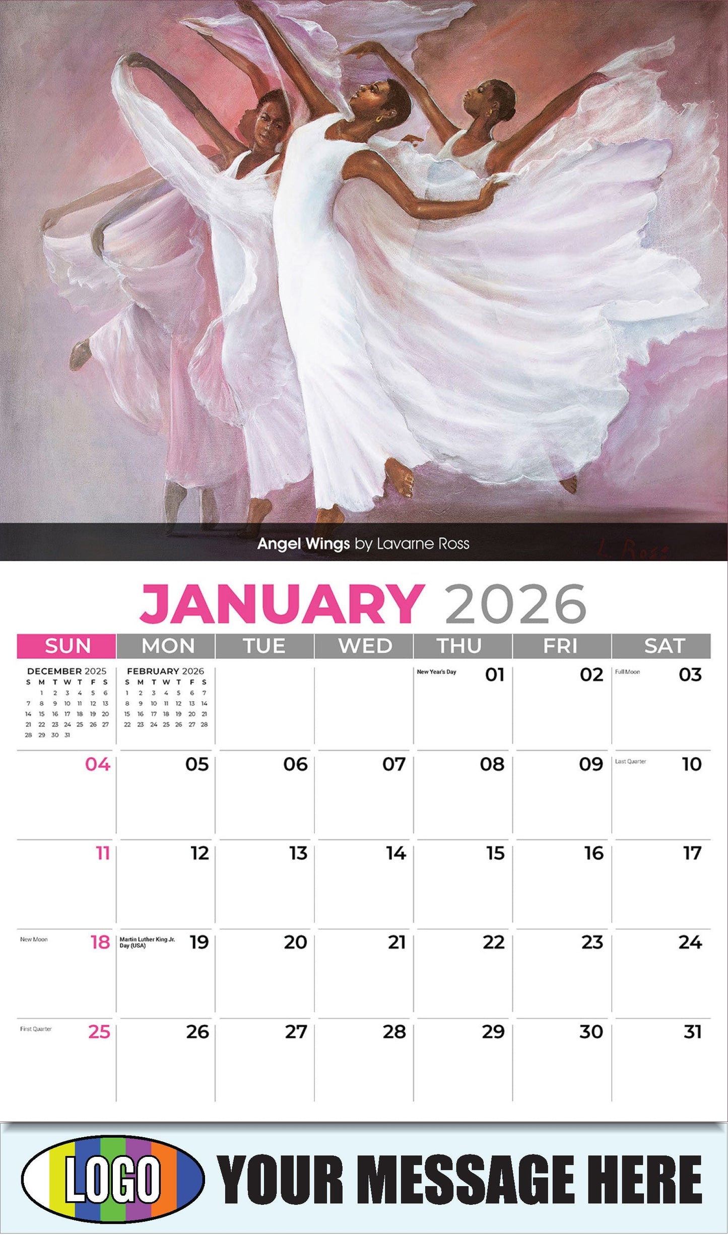 2026 Business Promotional Calendar - Celebration of African American Art - Angel Wings by Lavarne Ross - January