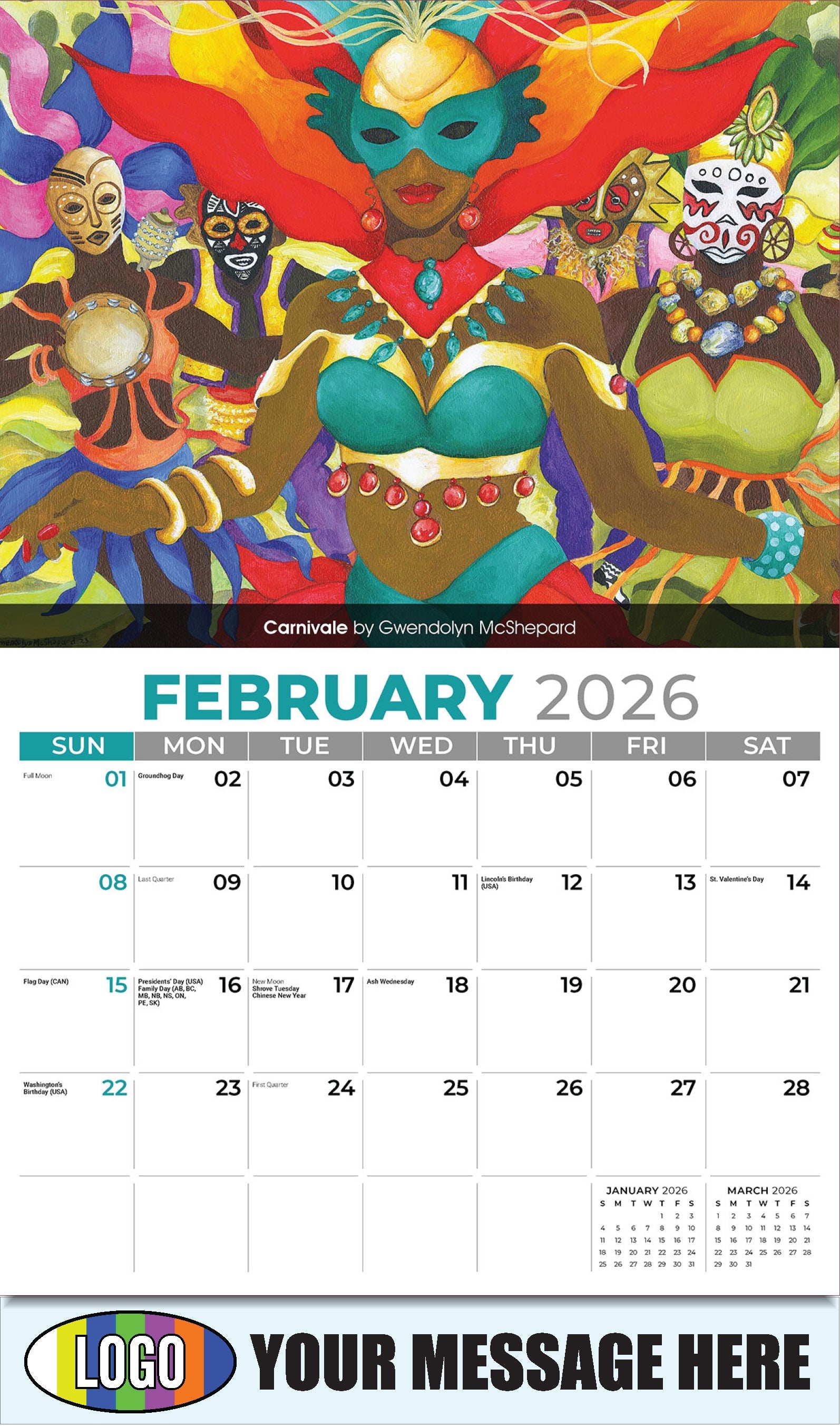 2026 Business Promotional Calendar - Celebration of African American Art - Carnivale by Gwendolyn McShepard - February