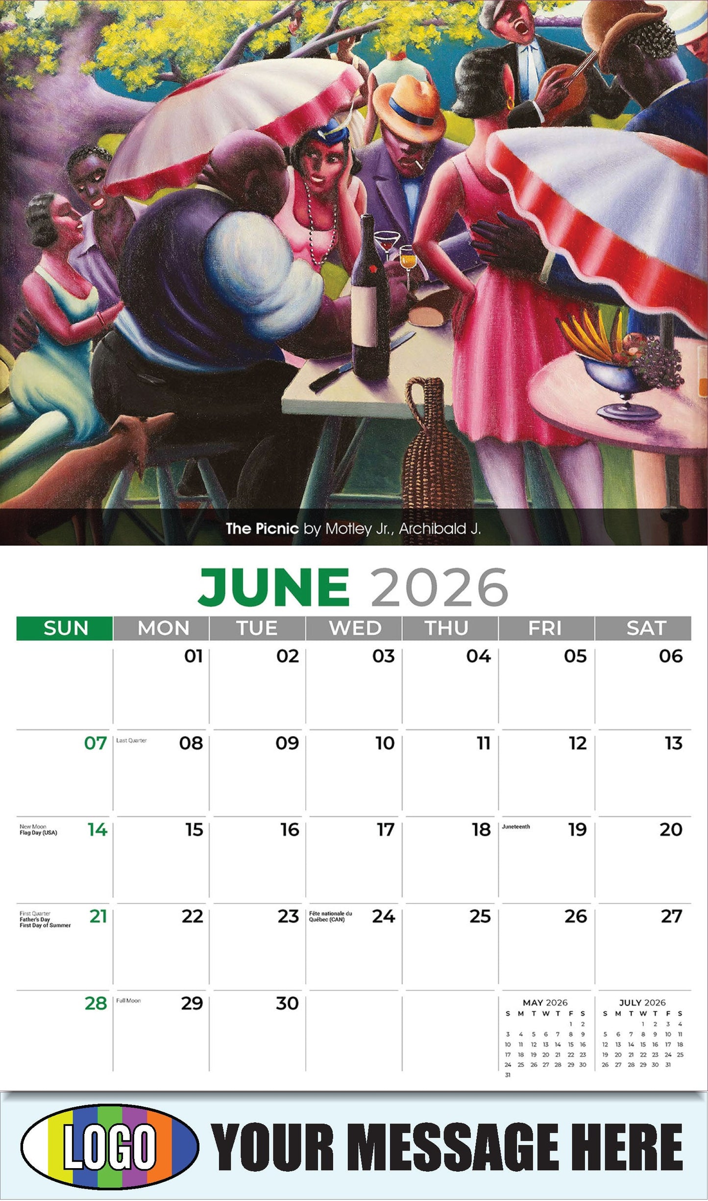 2026 Business Advertising Calendar - Celebration of African American Art - The Picnic by Motley Jr., Archibald J. - June