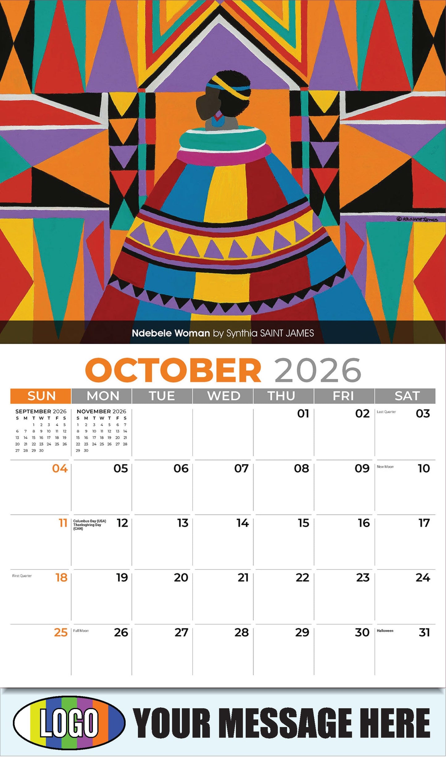 2026 Business Promotion Calendar - Celebration of African American Art - Ndebele Woman by Synthia SAINT JAMES - October