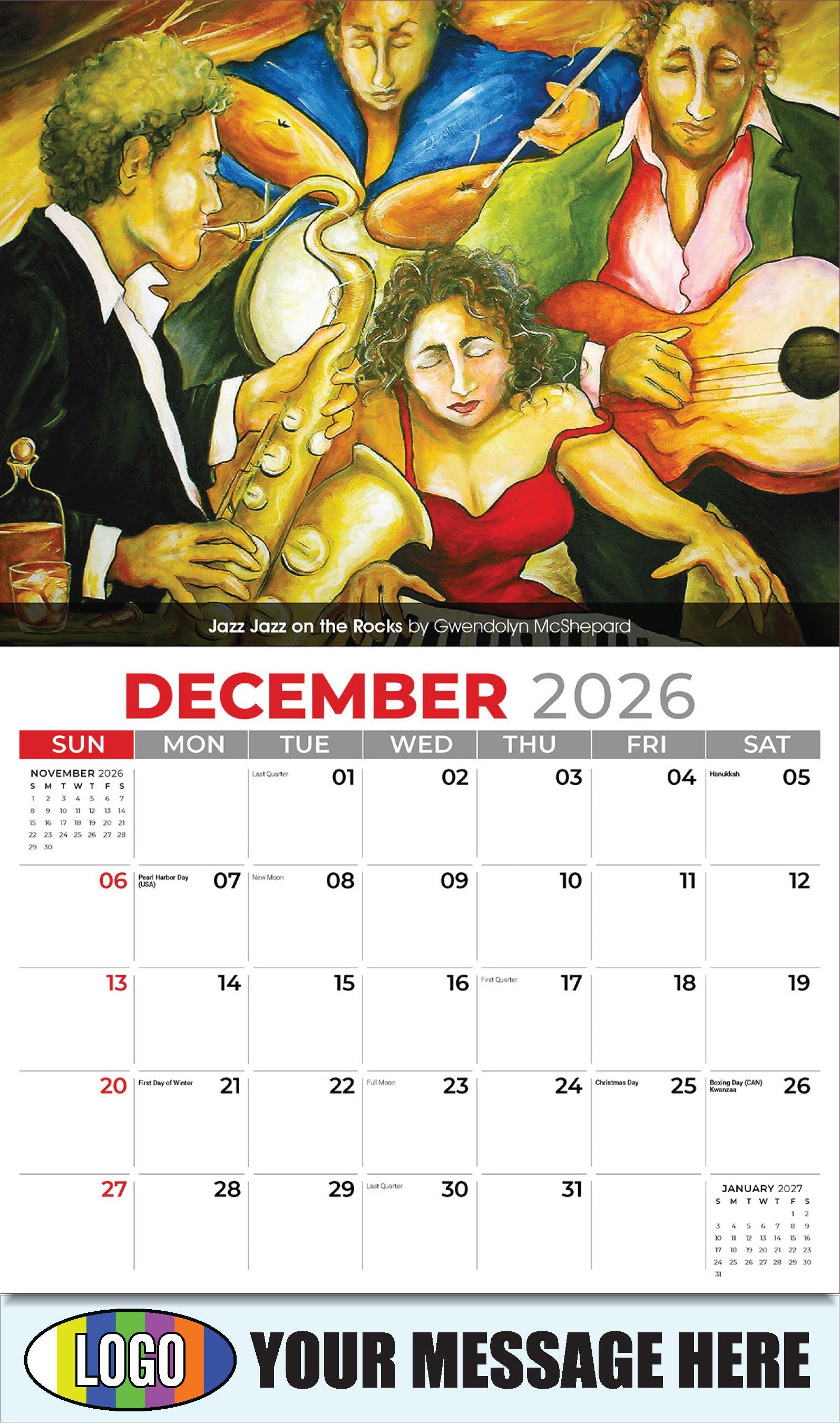 2026 Business Promotion Calendar - Celebration of African American Art - Jazz Jazz on the Rocks by Gwendolyn McShepard - December