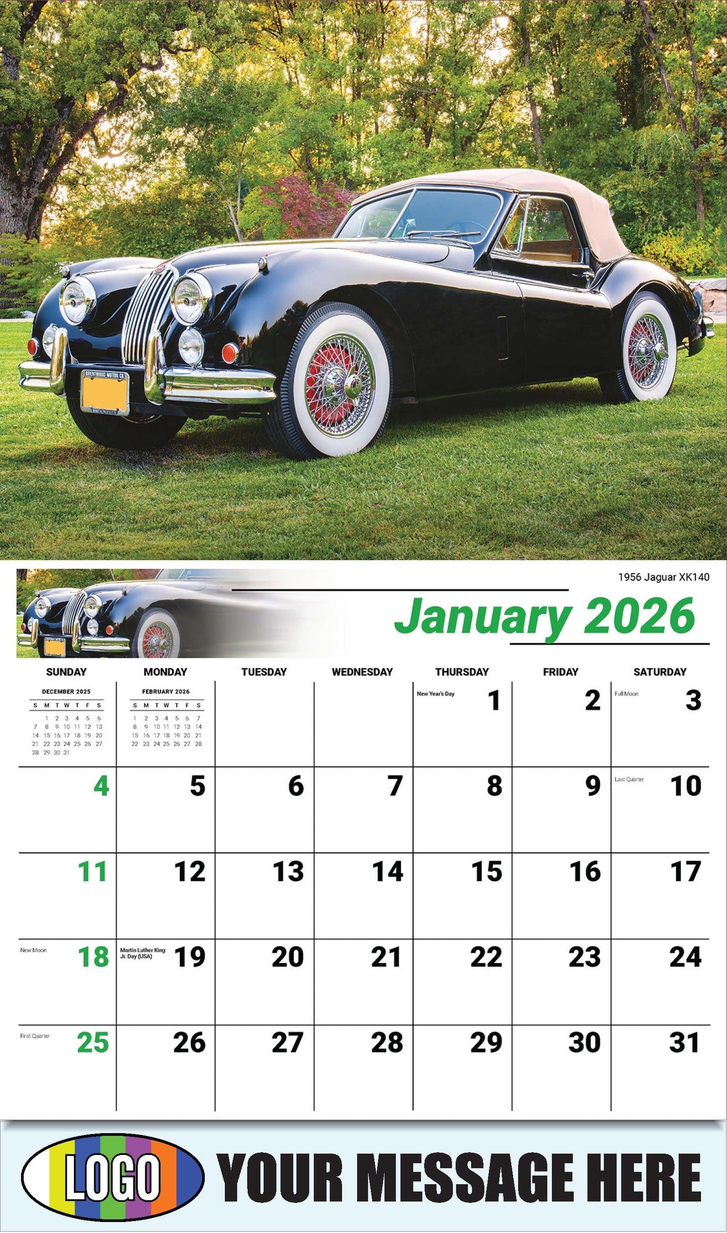 2026 Business Promotional Calendar - Classic Cars - 1956 Jaguar XK140 - January