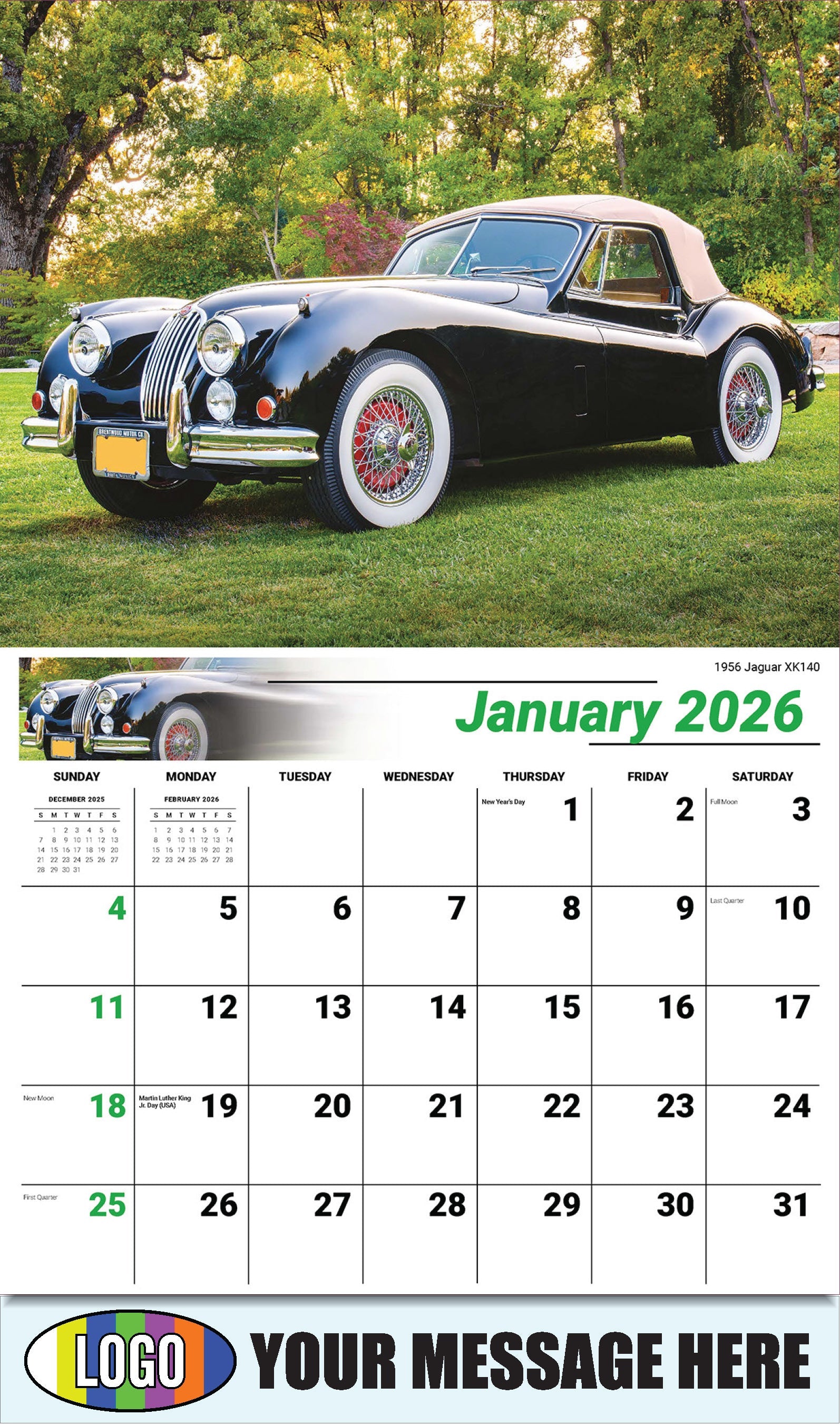 2026 Business Promotional Calendar - Classic Cars - 1956 Jaguar XK140 - January