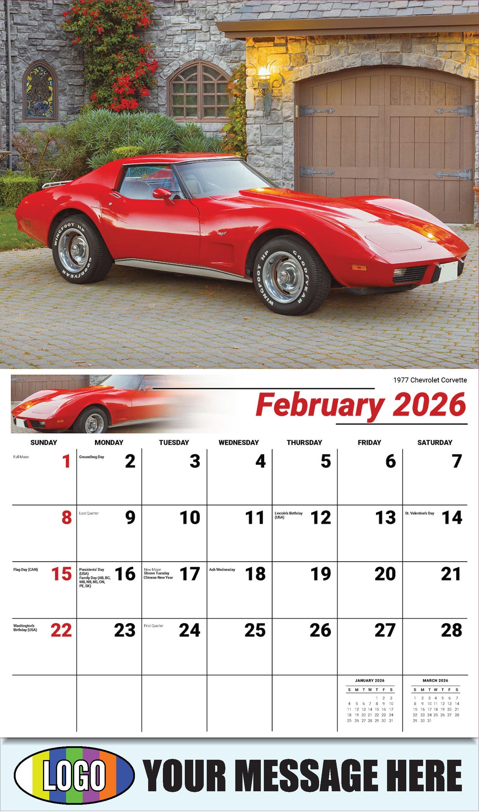 2026 Business Promotional Calendar - Classic Cars - 1977 Chevrolet Corvette - February