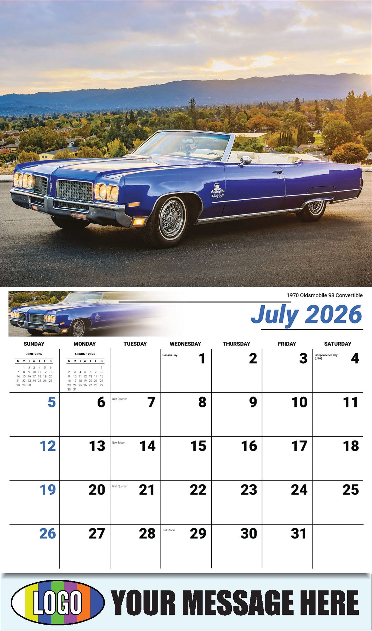 2026 Business Promo Calendar - Classic Cars - 1970 Oldsmobile 98 Convertible - July