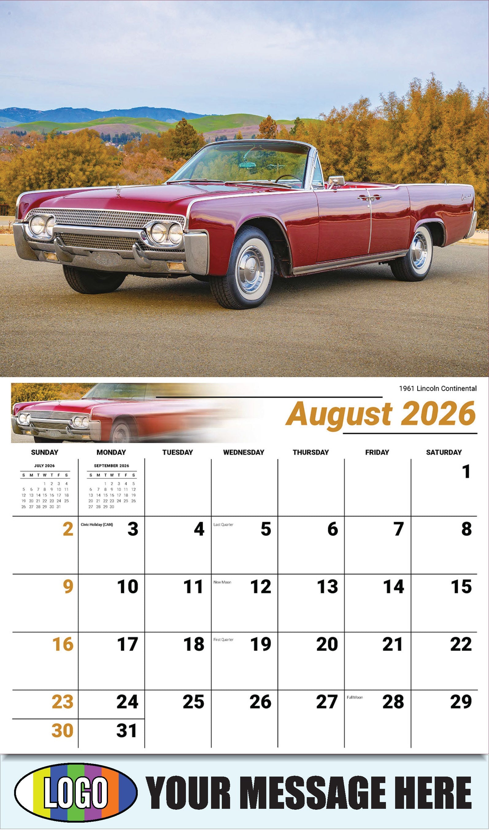 2026 Business Promo Calendar - Classic Cars - 1961 Lincoln Continental - August