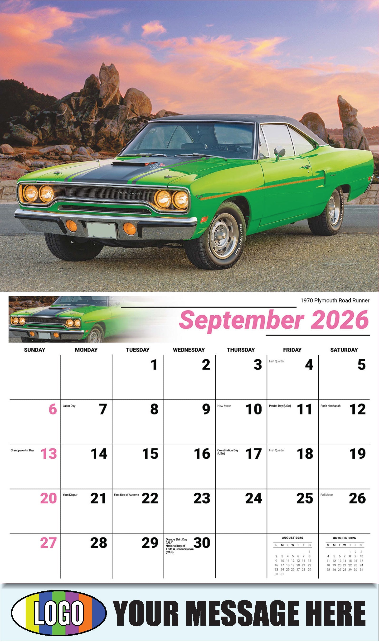 2026 Business Promo Calendar - Classic Cars - 1970 Plymouth Road Runner - September