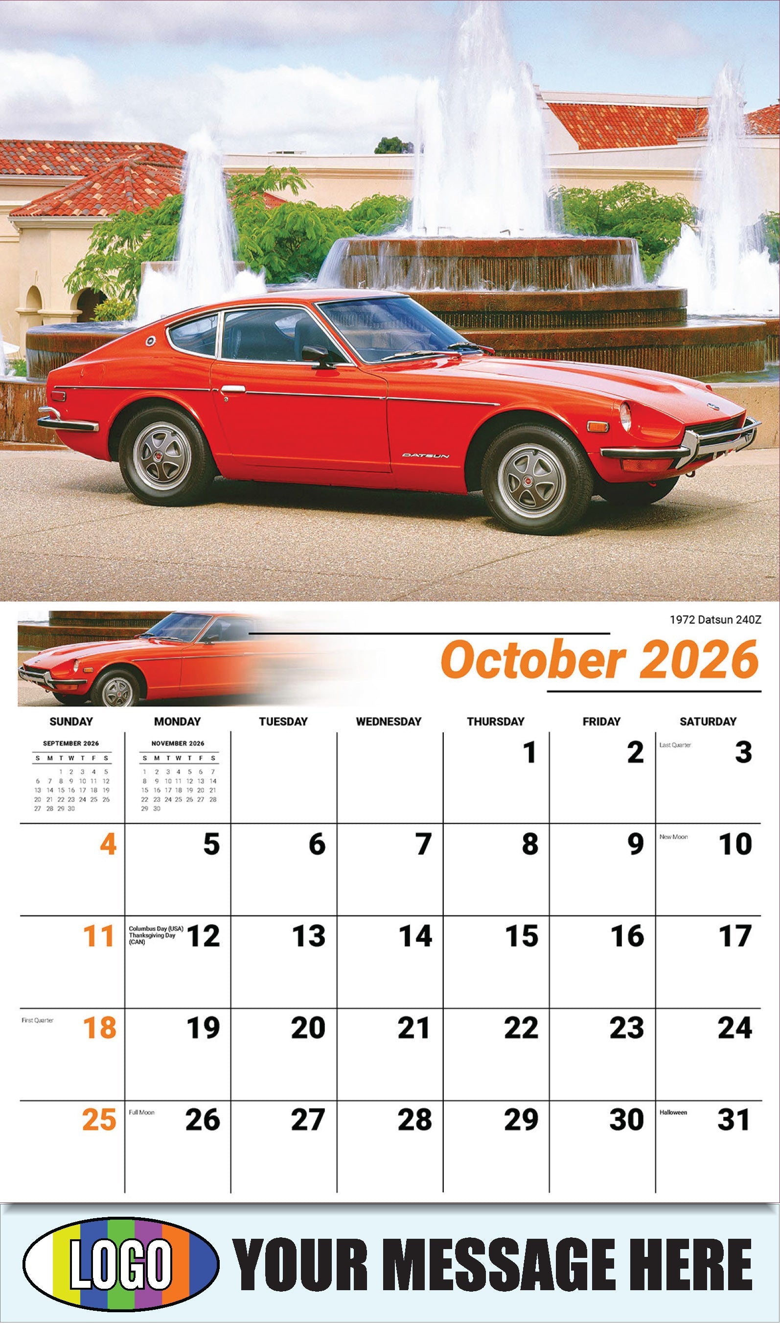 2026 Business Promotion Calendar - Classic Cars - 1972 Datsun 240Z - October