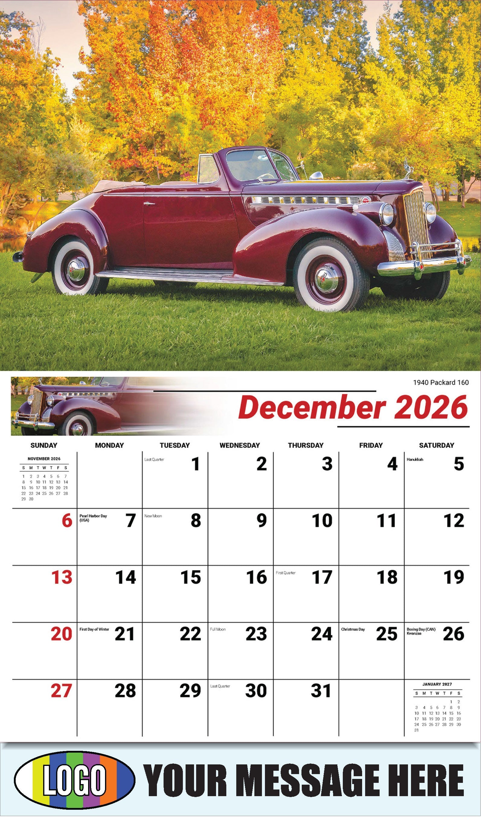 2026 Business Promotion Calendar - Classic Cars - 1940 Packard 160 - December
