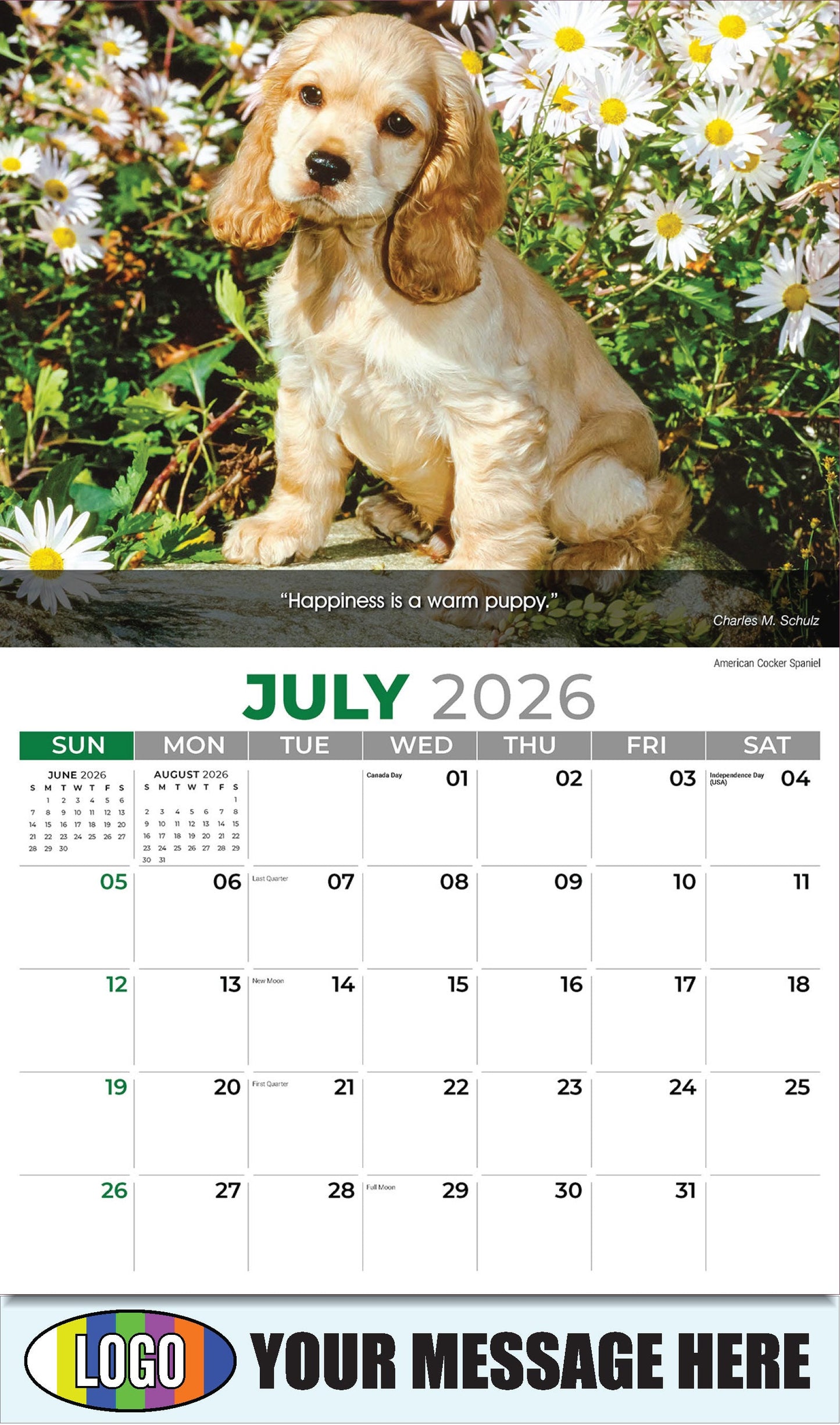2026 Business Promo Calendar - Dogs - July - American Cocker Spaniel