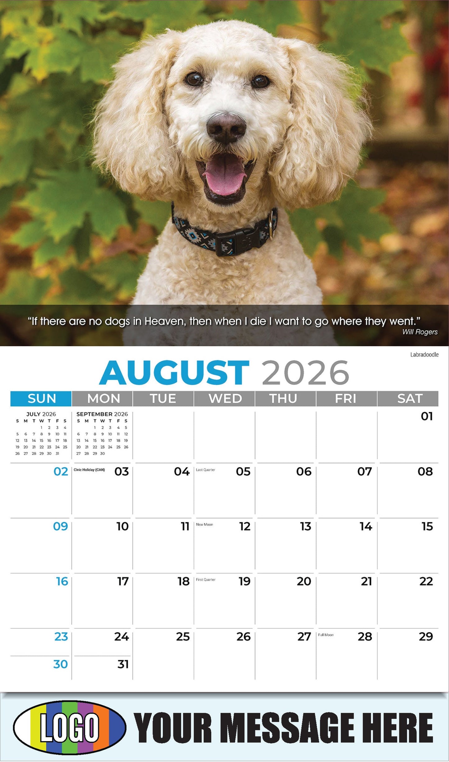 2026 Business Promo Calendar - Dogs - August - Labradoodle