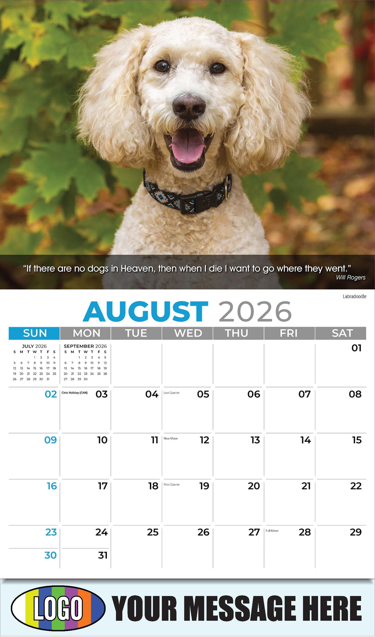 2026 Business Promo Calendar - Dogs - August - Labradoodle