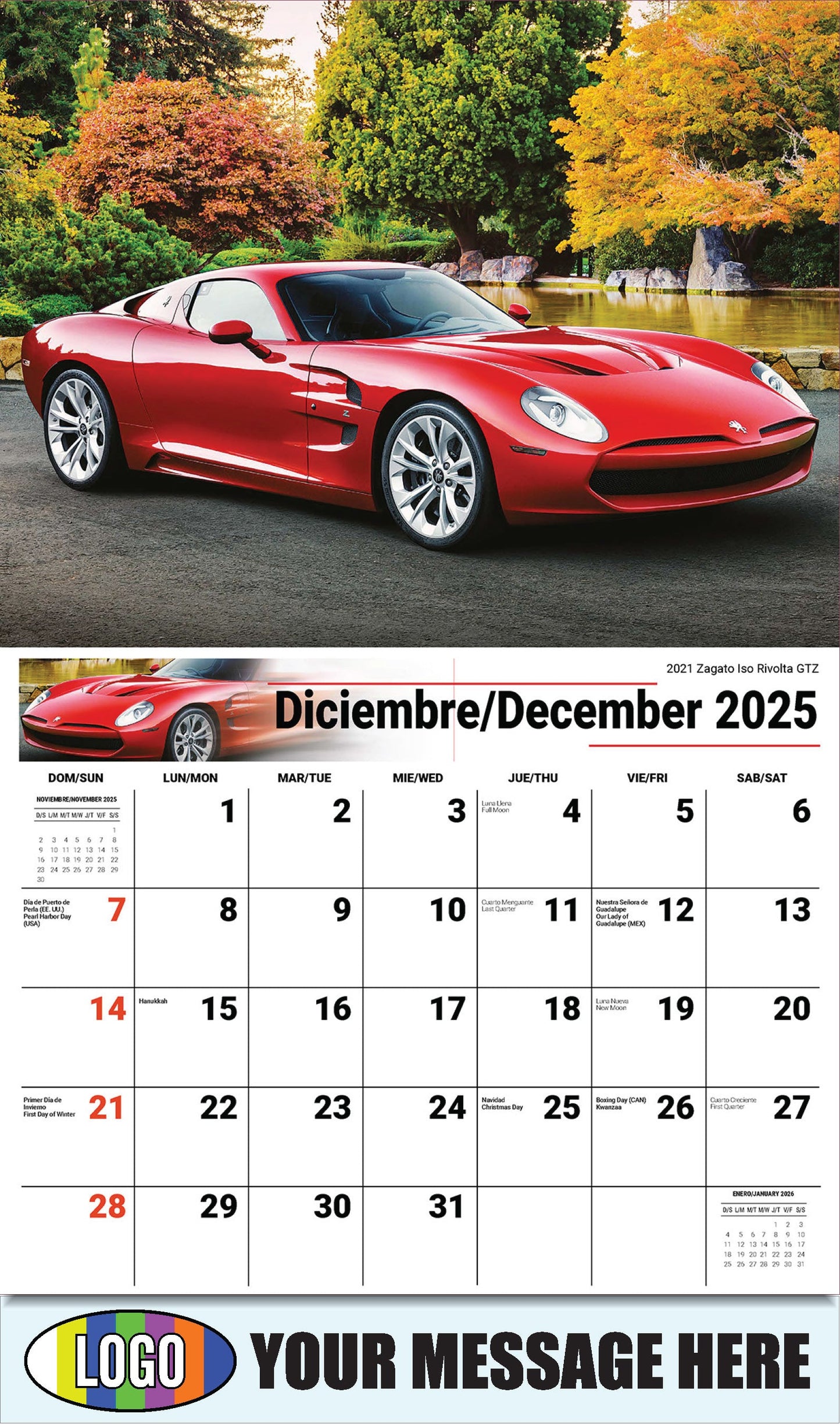 2026 Business Promotional Calendar - Exotic Cars Bilingual - December_a - 2021 Zagato Iso Rivolta GTZ