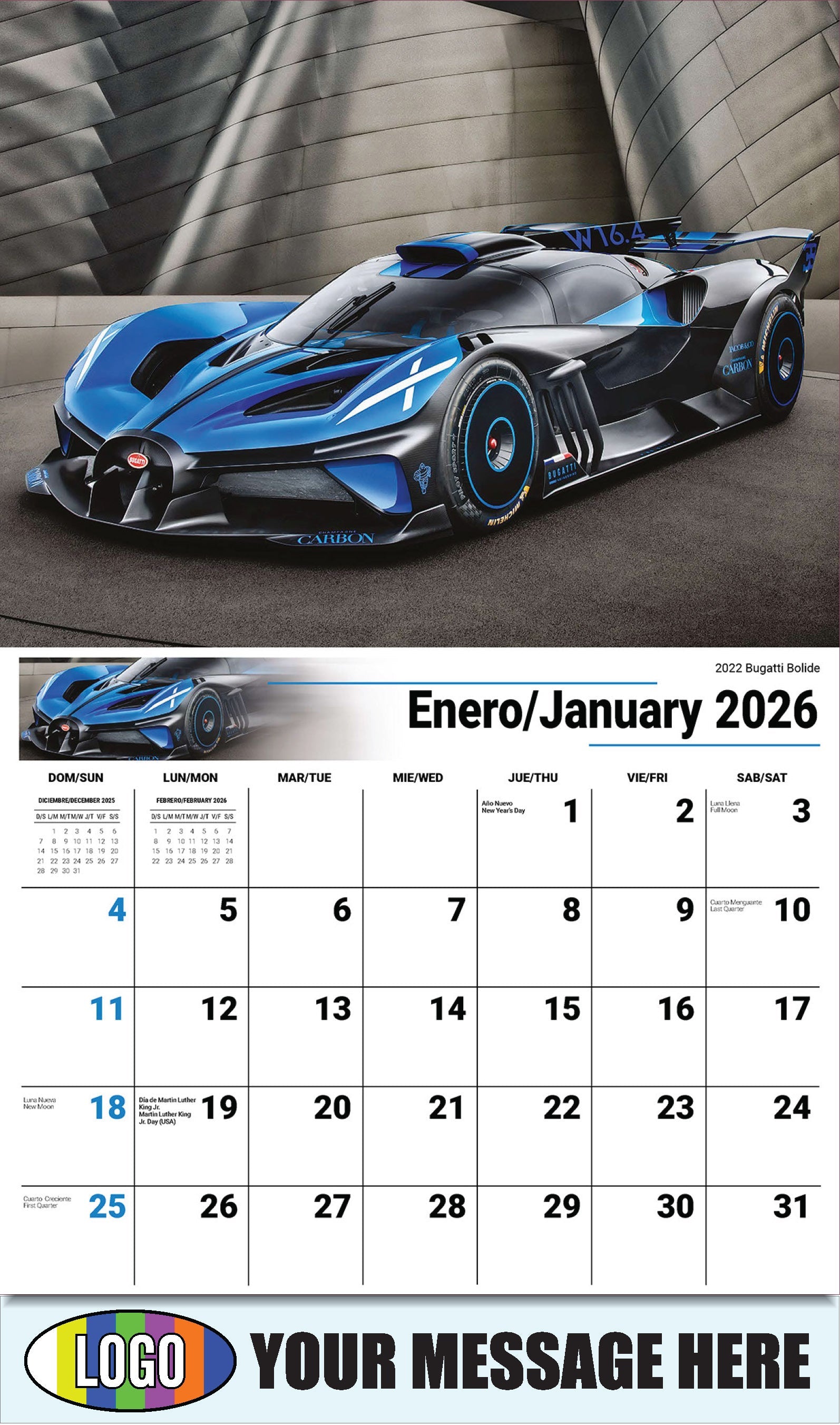 2026 Business Promotional Calendar - Exotic Cars Bilingual - January - 2022 Bugatti Bolide