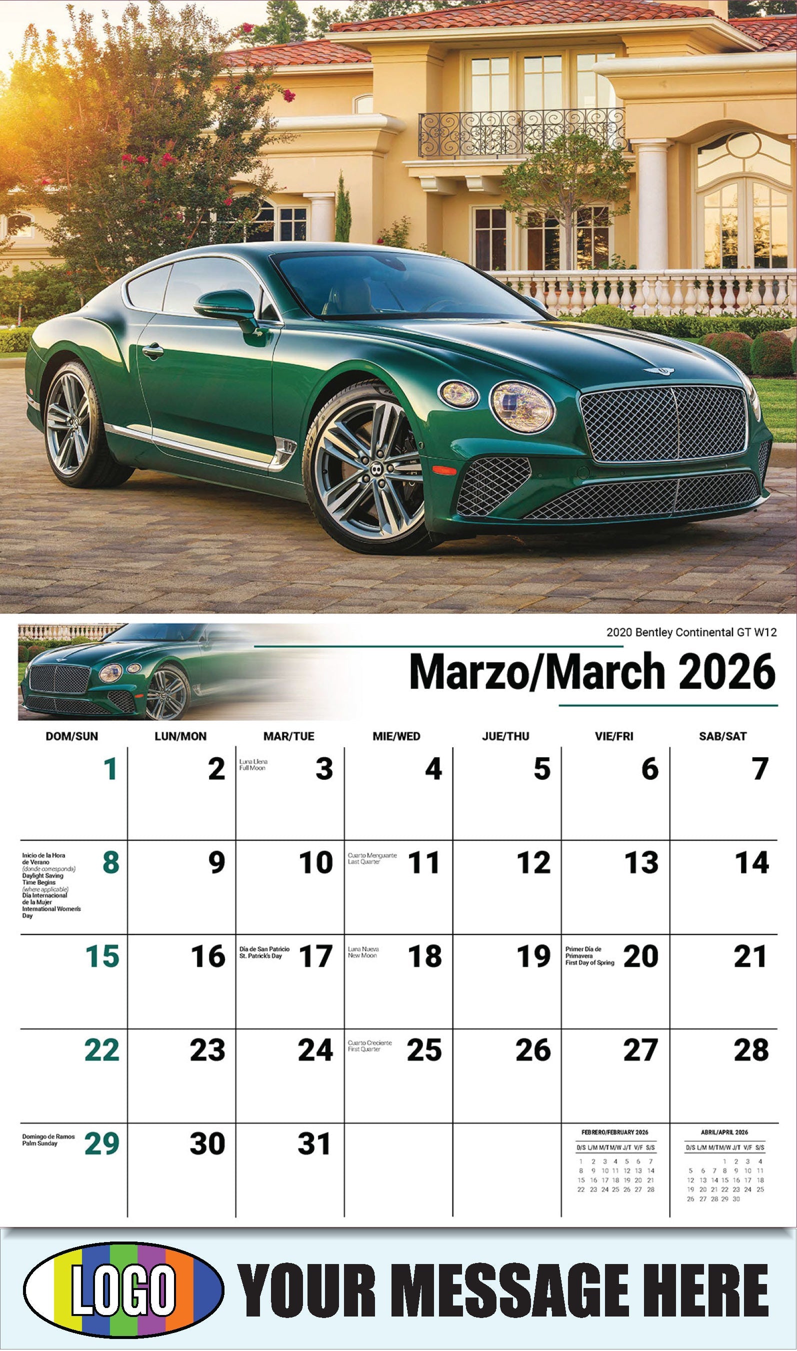 2026 Business Promotional Calendar - Exotic Cars Bilingual - March - 2020 Bentley Continental GT W12