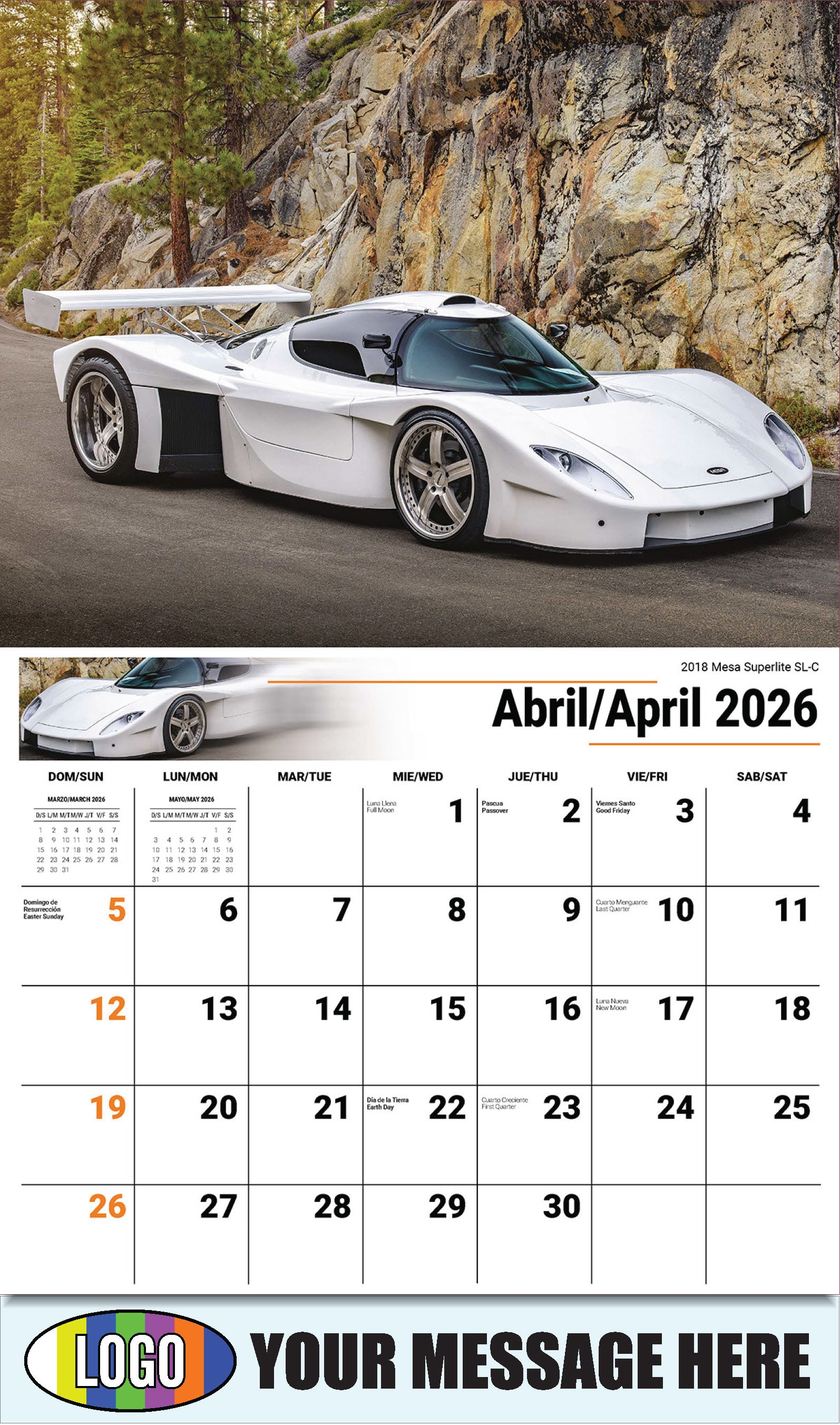 2026 Business Advertising Calendar - Exotic Cars Bilingual - April - 2018 Mesa Superlite SL-C