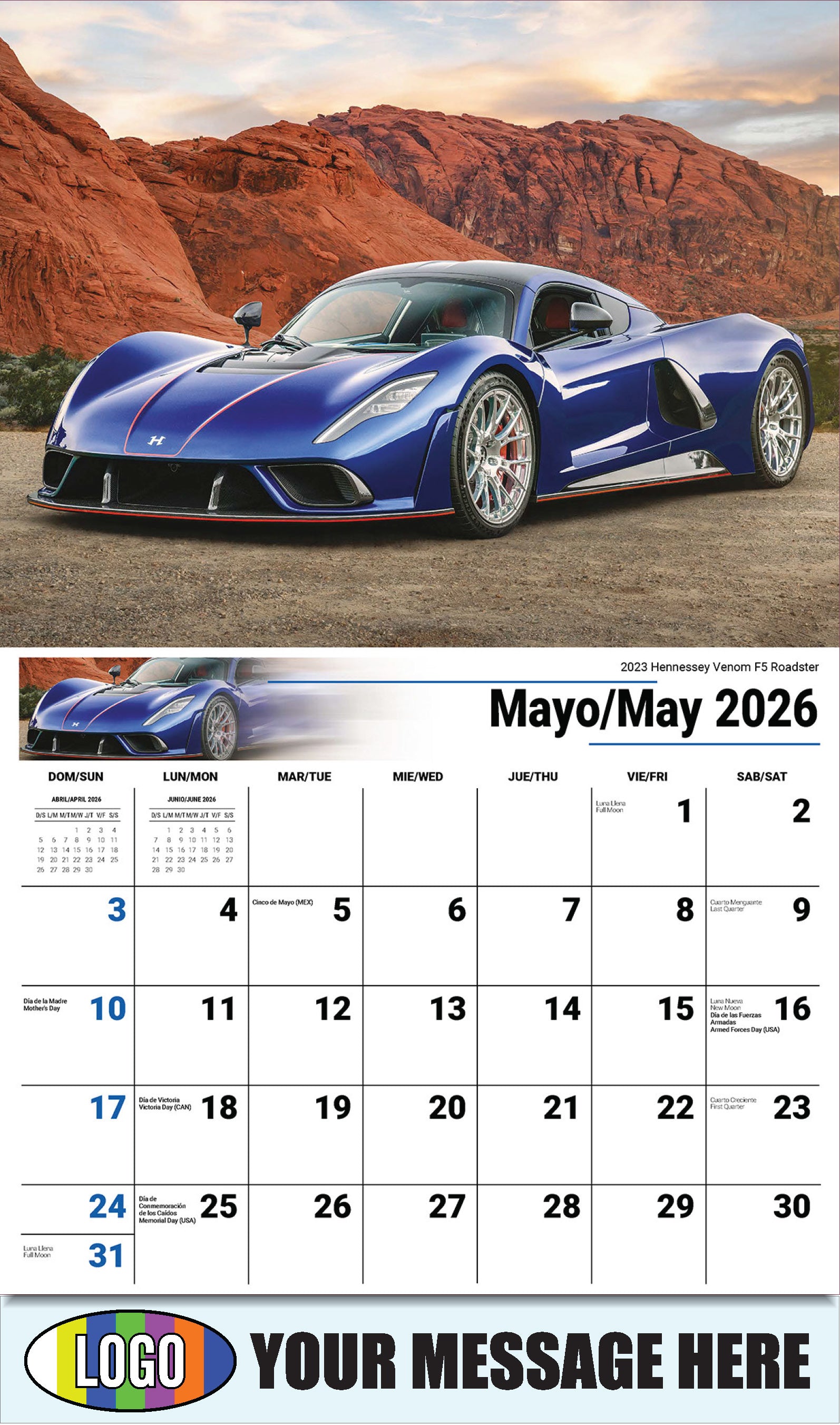 2026 Business Advertising Calendar - Exotic Cars Bilingual - May - 2023 Hennessey Venom F5 Roadster