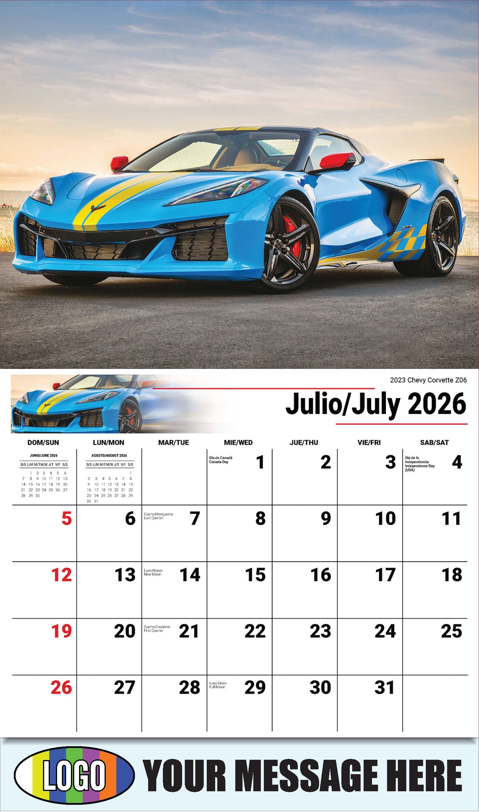 2026 Business Promo Calendar - Exotic Cars Bilingual - July - 2023 Chevy Corvette Z06