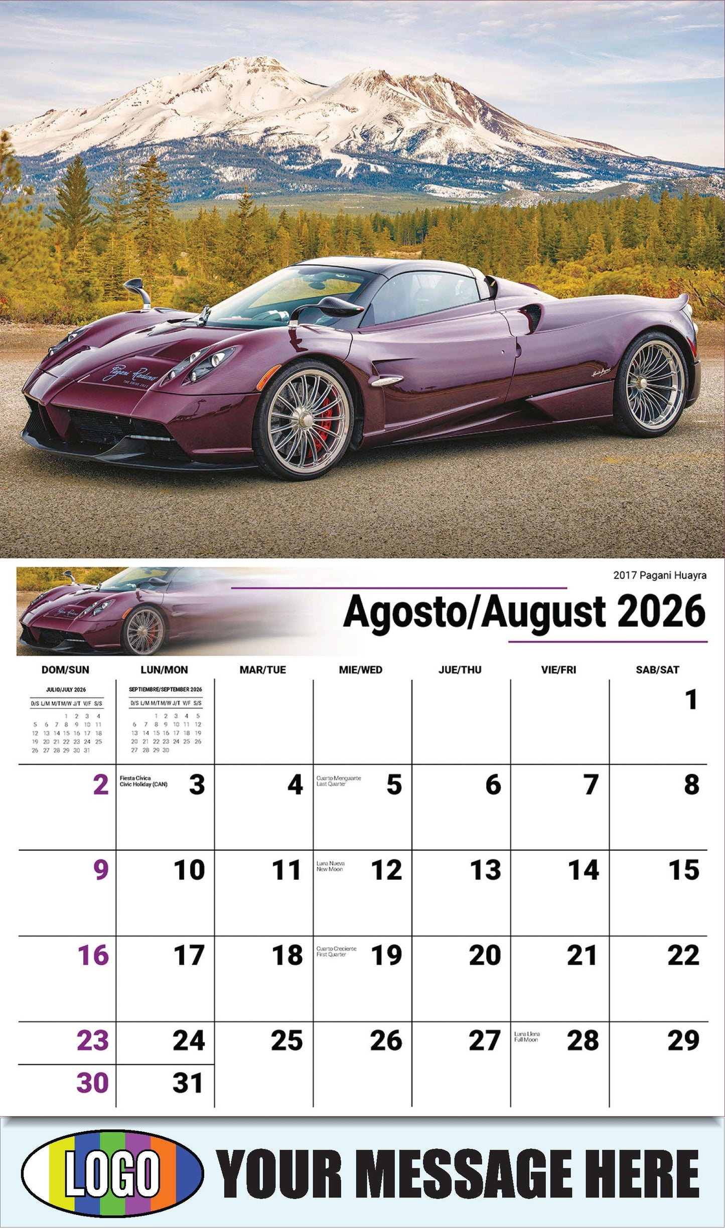 2026 Business Promo Calendar - Exotic Cars Bilingual - August - 2017 Pagani Huayra