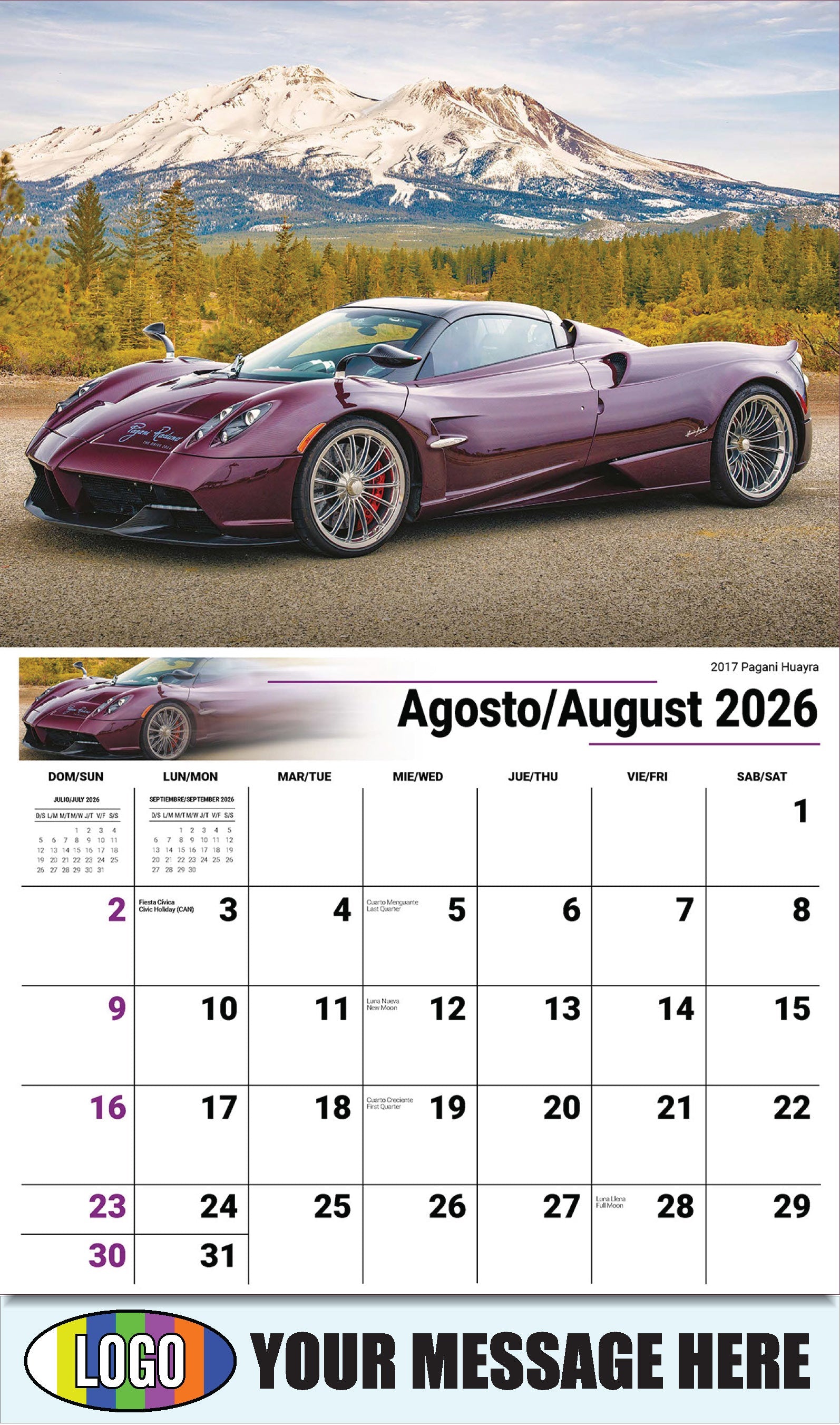 2026 Business Promo Calendar - Exotic Cars Bilingual - August - 2017 Pagani Huayra