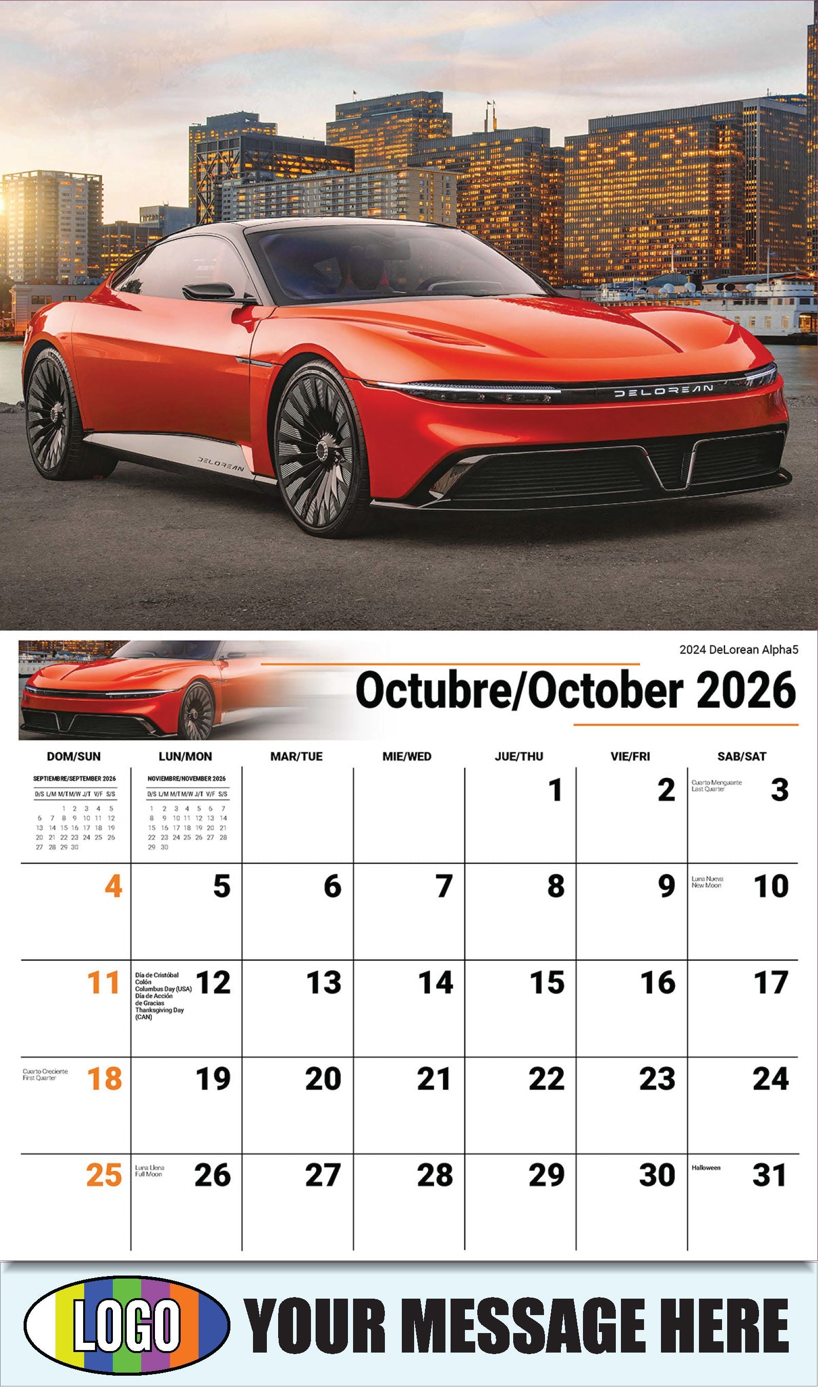 2026 Business Promotion Calendar - Exotic Cars Bilingual - October - 2024 DeLorean Alpha5