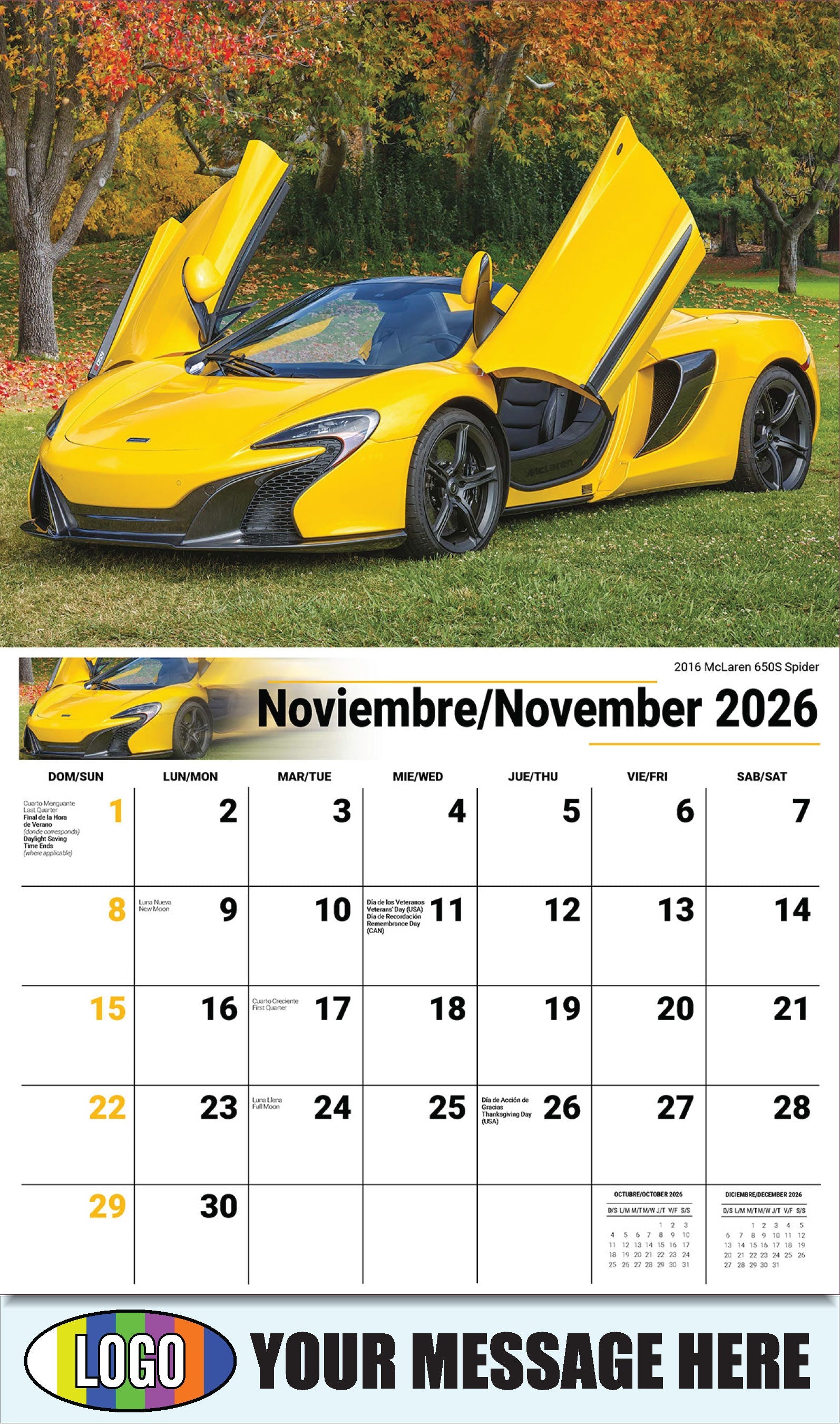 2026 Business Promotion Calendar - Exotic Cars Bilingual - November - 2016 McLaren 650S Spider