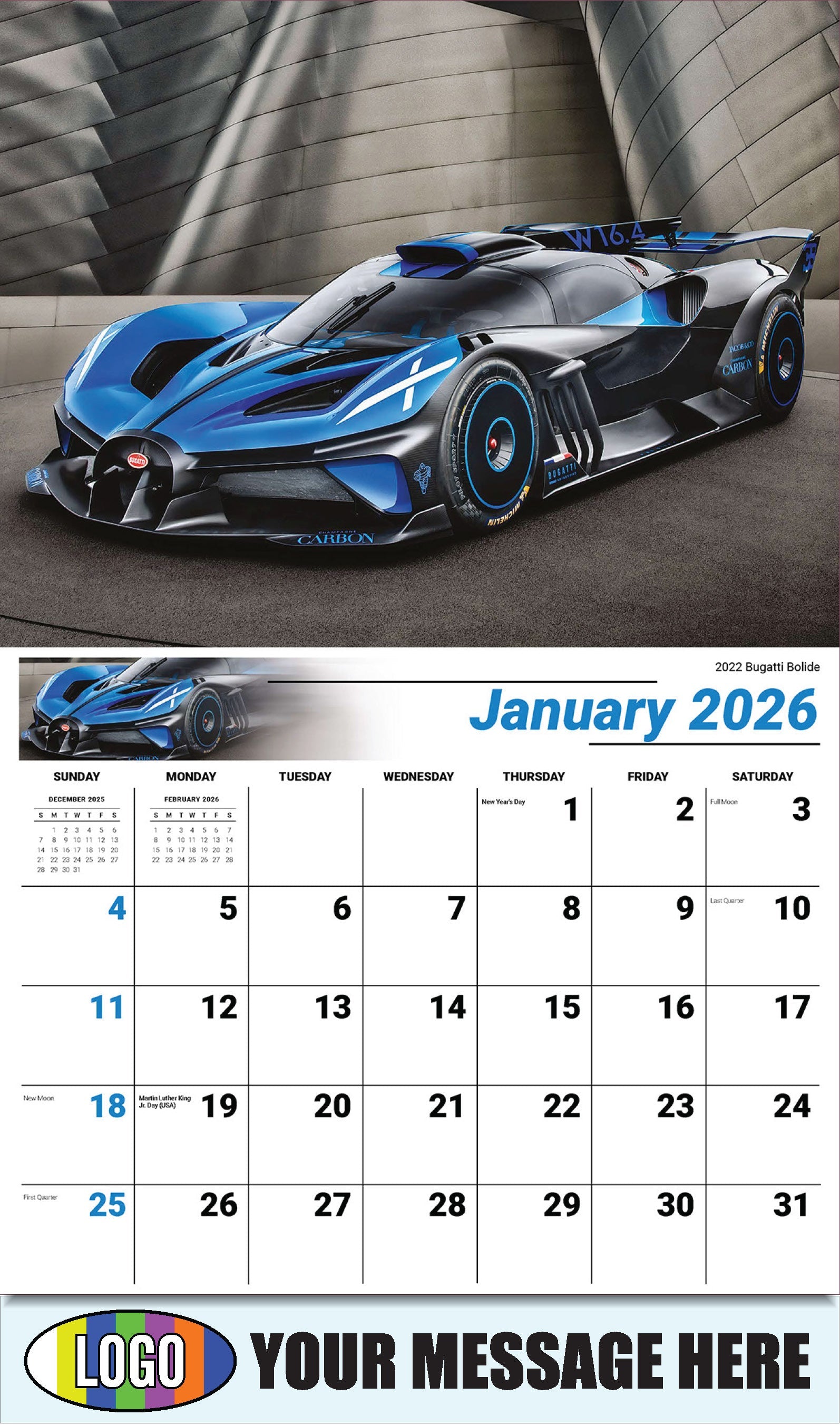 2026 Business Promotional Calendar - Exotic Cars - January - 2022 Bugatti Bolide
