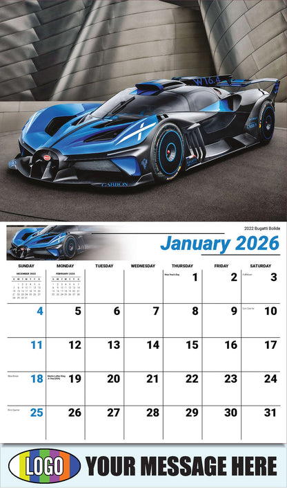 2026 Business Promotional Calendar - Exotic Cars - January - 2022 Bugatti Bolide