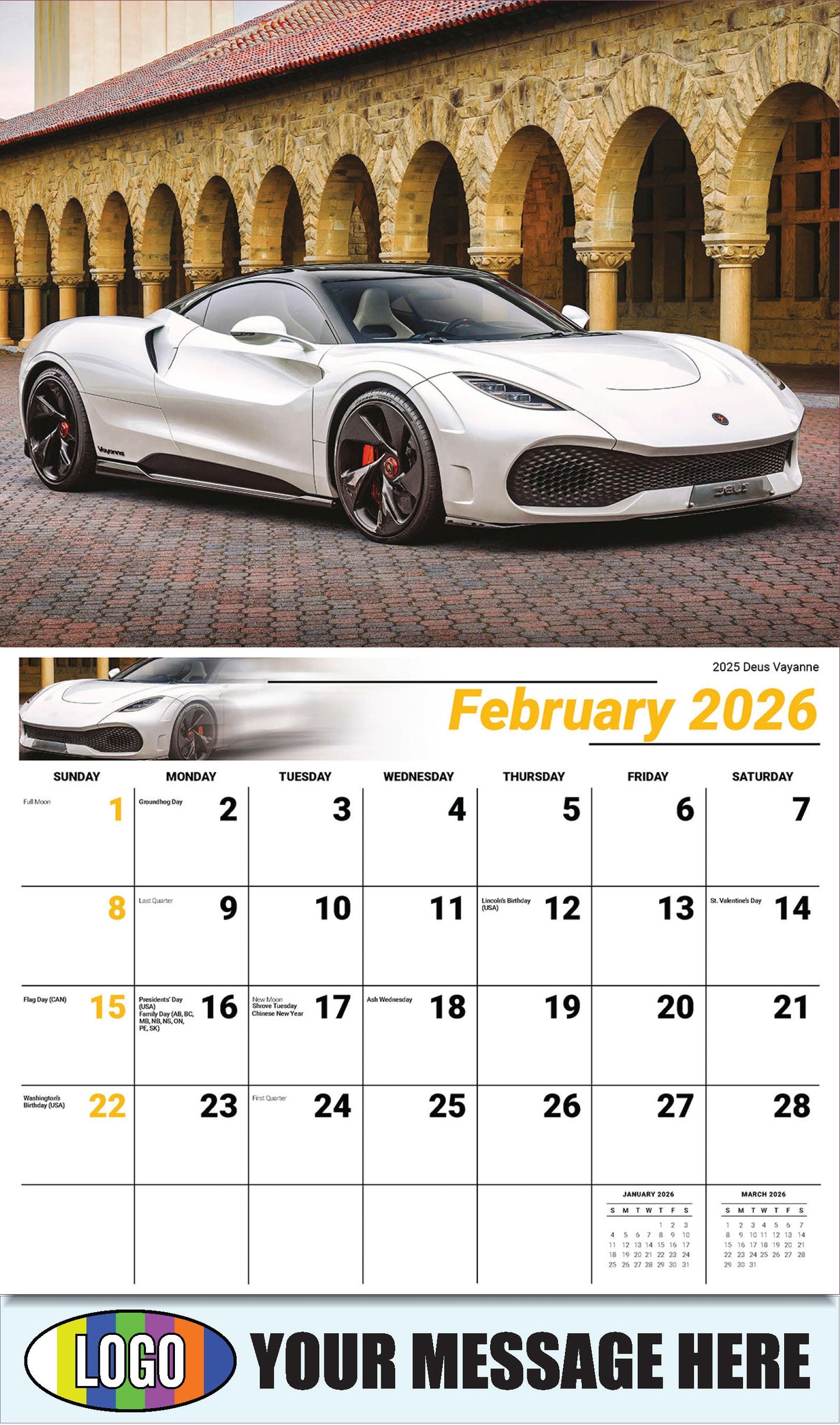 2026 Business Promotional Calendar - Exotic Cars - February - 2025 Deus Vayanne