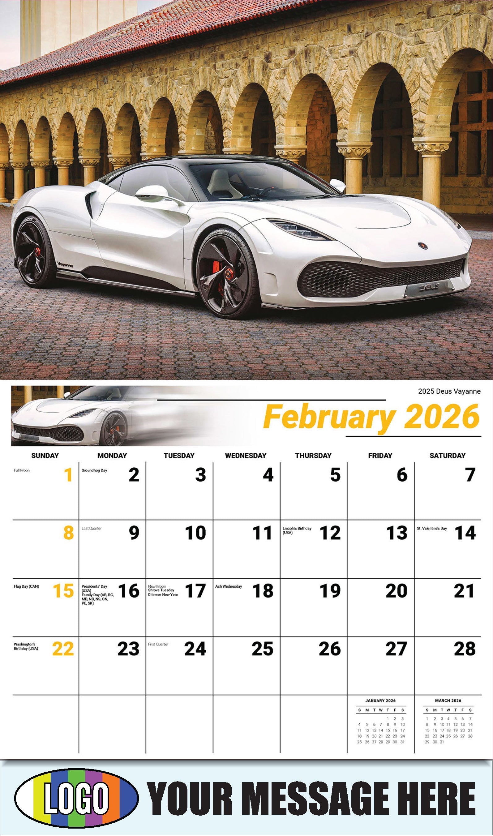 2026 Business Promotional Calendar - Exotic Cars - February - 2025 Deus Vayanne