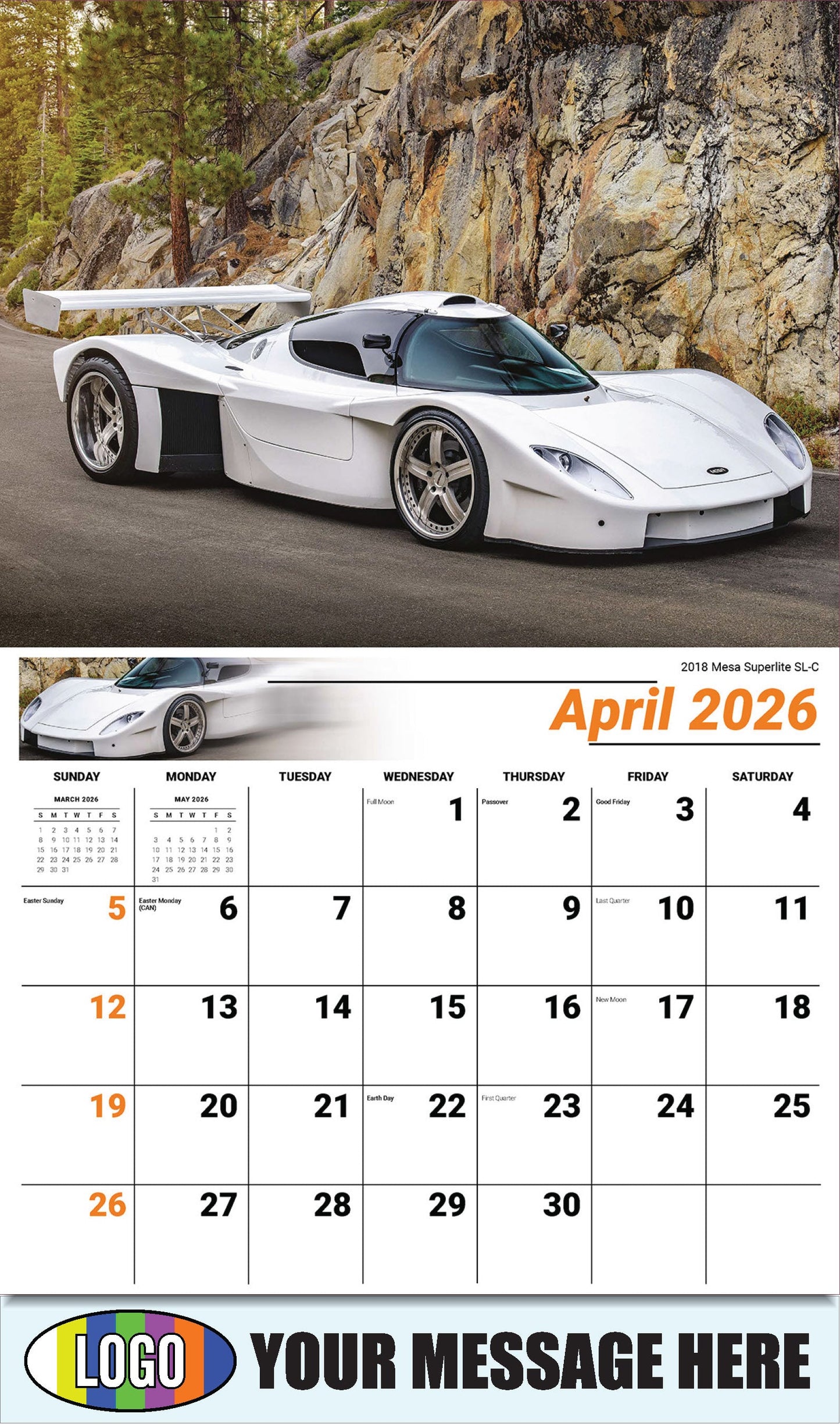 2026 Business Advertising Calendar - Exotic Cars - April - 2018 Mesa Superlite SL-C