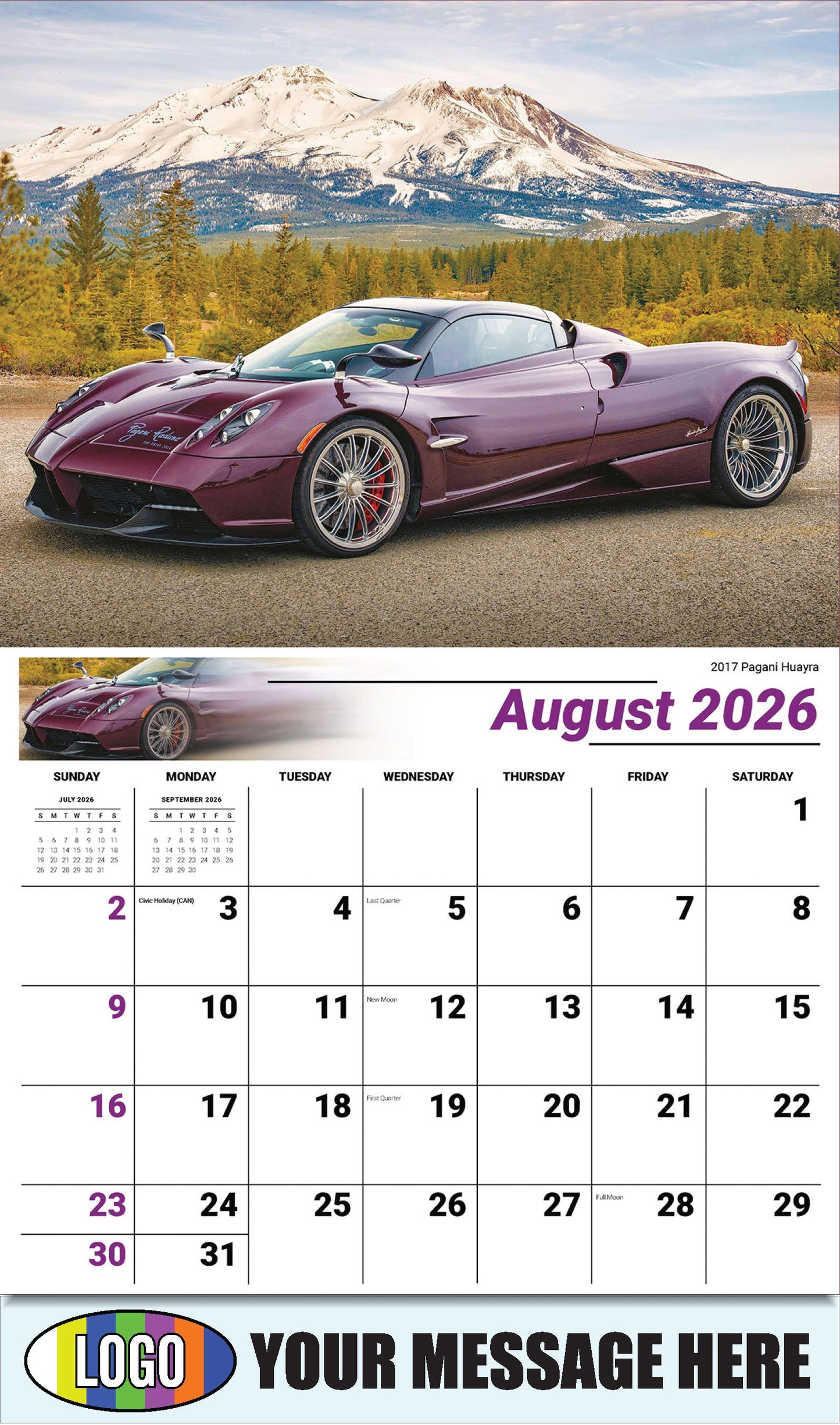2026 Business Promo Calendar - Exotic Cars - August - 2017 Pagani Huayra