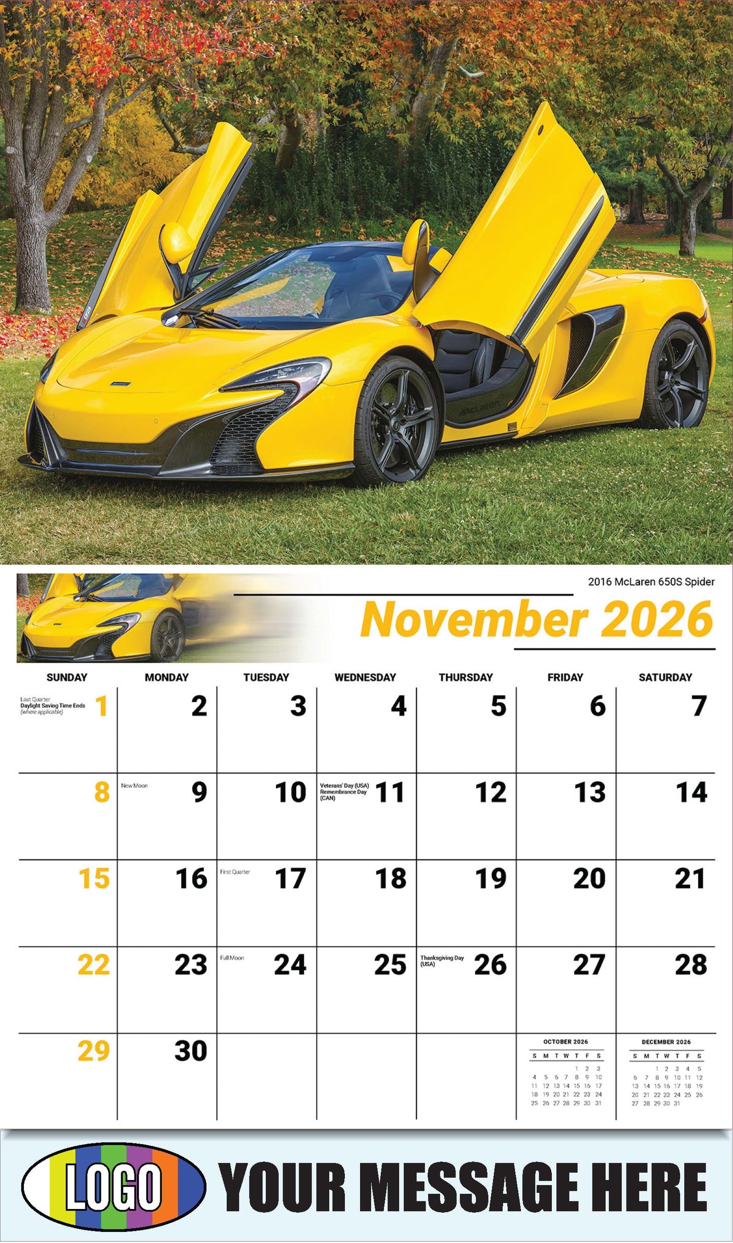 2026 Business Promotion Calendar - Exotic Cars - November - 2016 McLaren 650S Spider