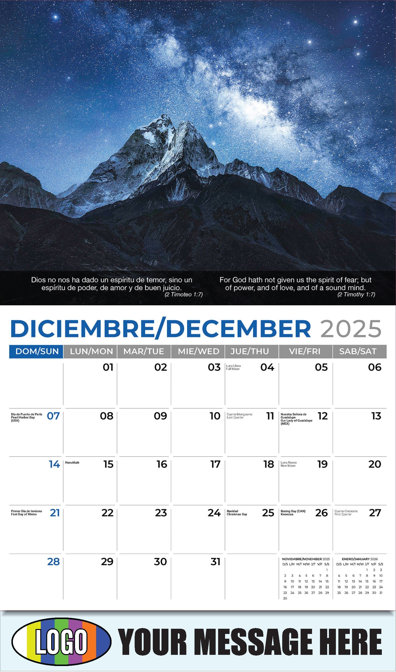 2026 Business Promotional Calendar - Faith Passages Bilingual - December_a - 2 Timoteo 1:7