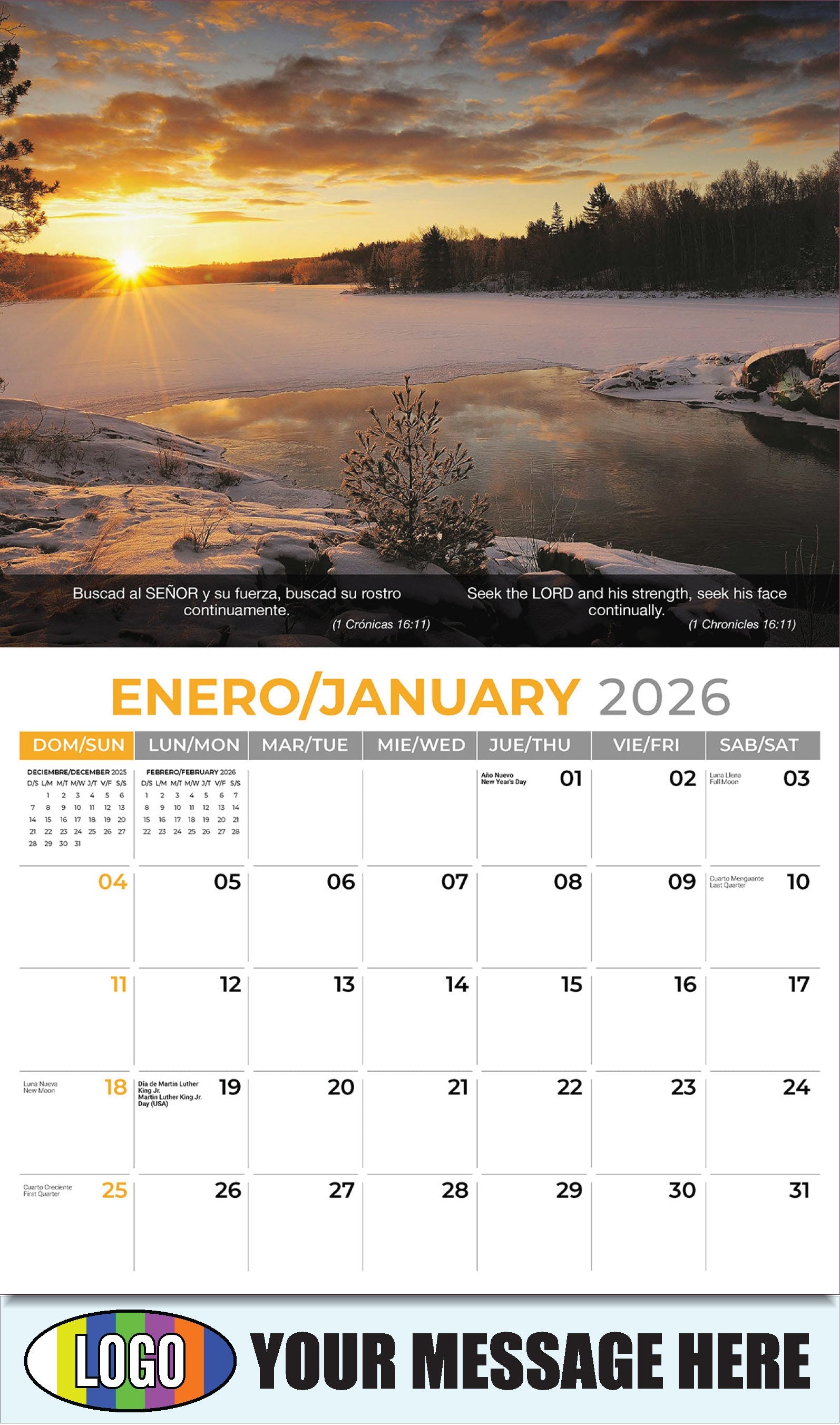 2026 Business Promotional Calendar - Faith Passages Bilingual - January - (1 Crónicas 16:11)