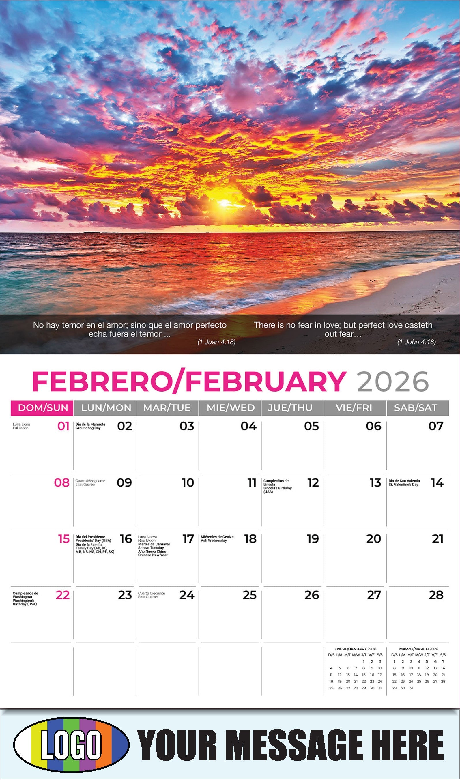 2026 Business Promotional Calendar - Faith Passages Bilingual - February - (1 Juan 4:18)