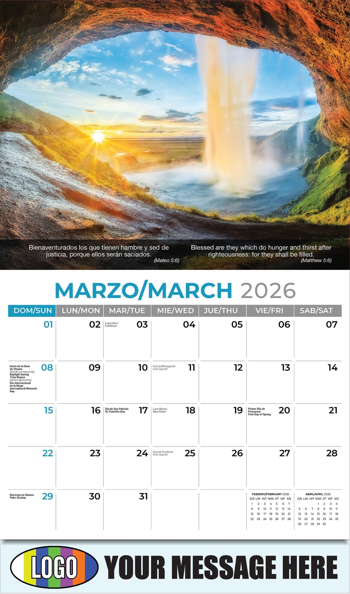 2026 Business Promotional Calendar - Faith Passages Bilingual - March - (Mateo 5:6)