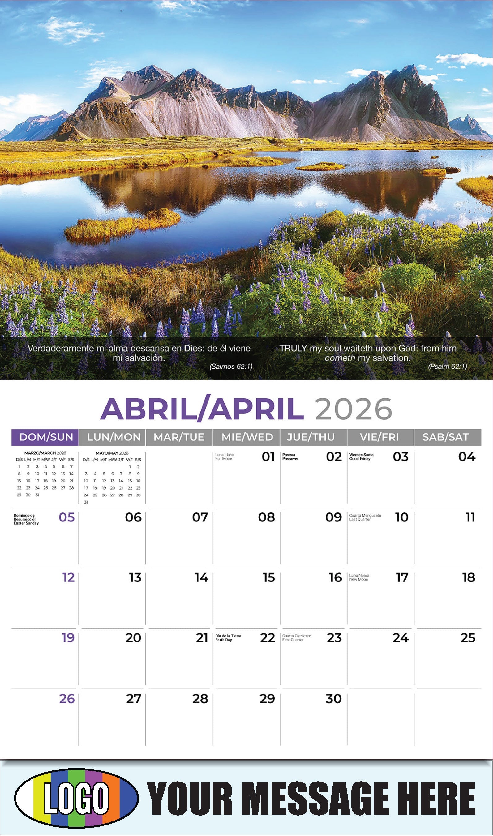 2026 Business Advertising Calendar - Faith Passages Bilingual - April - (Salmos 62:1)