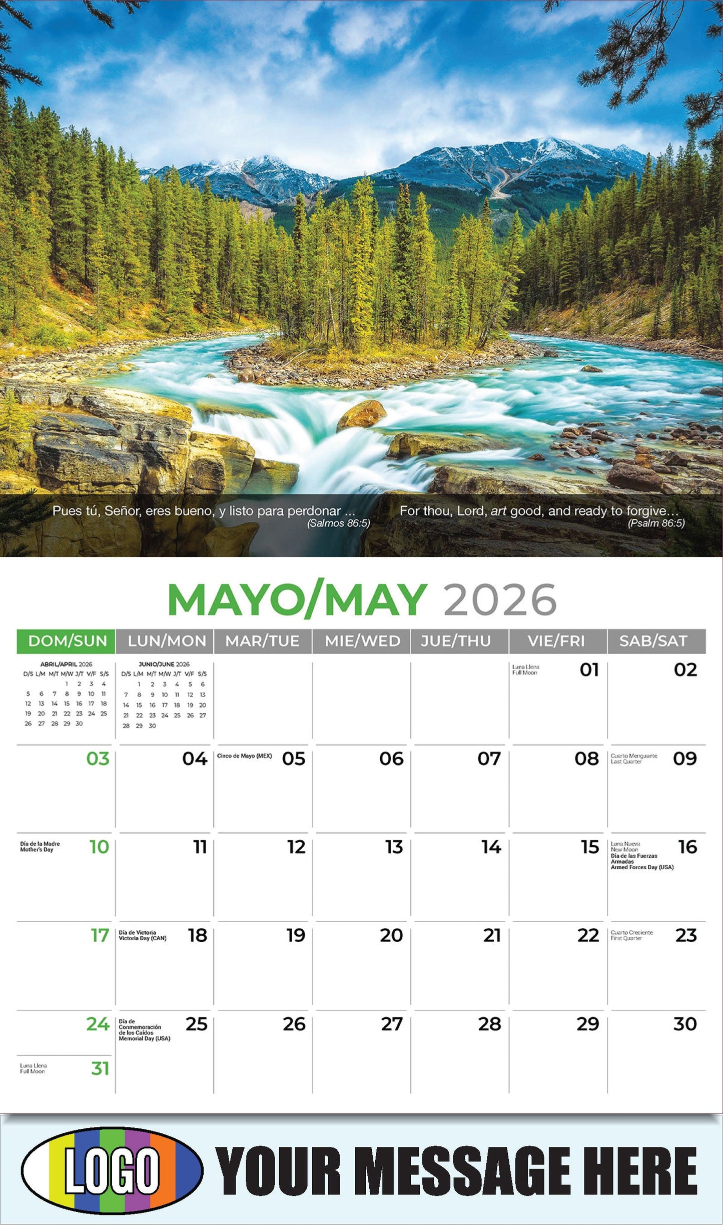 2026 Business Advertising Calendar - Faith Passages Bilingual - May - (Salmos 86:5)